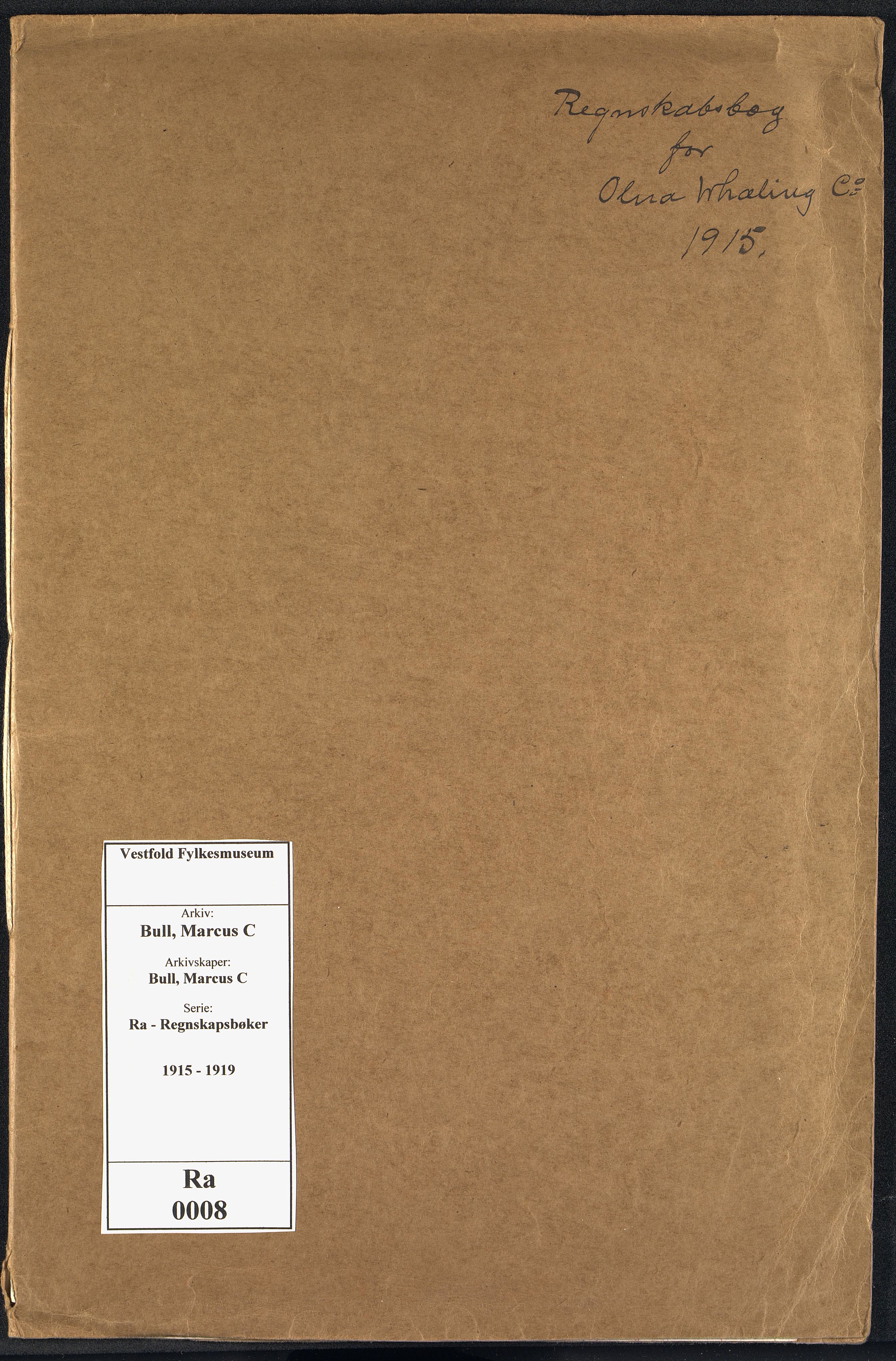 Bull, Marcus C. Hvalfangstbestyrer, VEMU/VFA-A-1013/R/Ra/L0008: Regnskap - Olna hvalstasjon, 1915