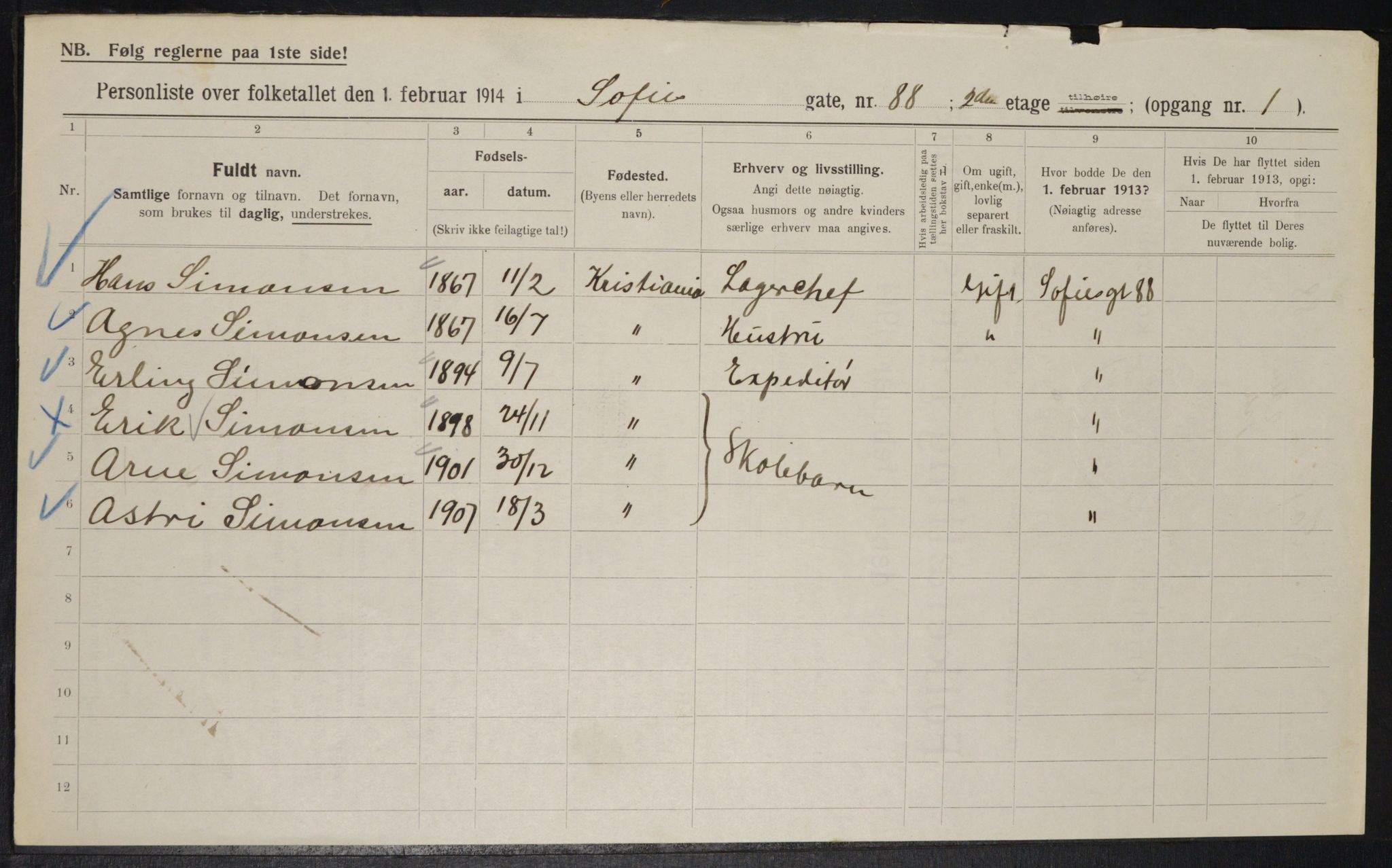 OBA, Kommunal folketelling 1.2.1914 for Kristiania, 1914, s. 99200