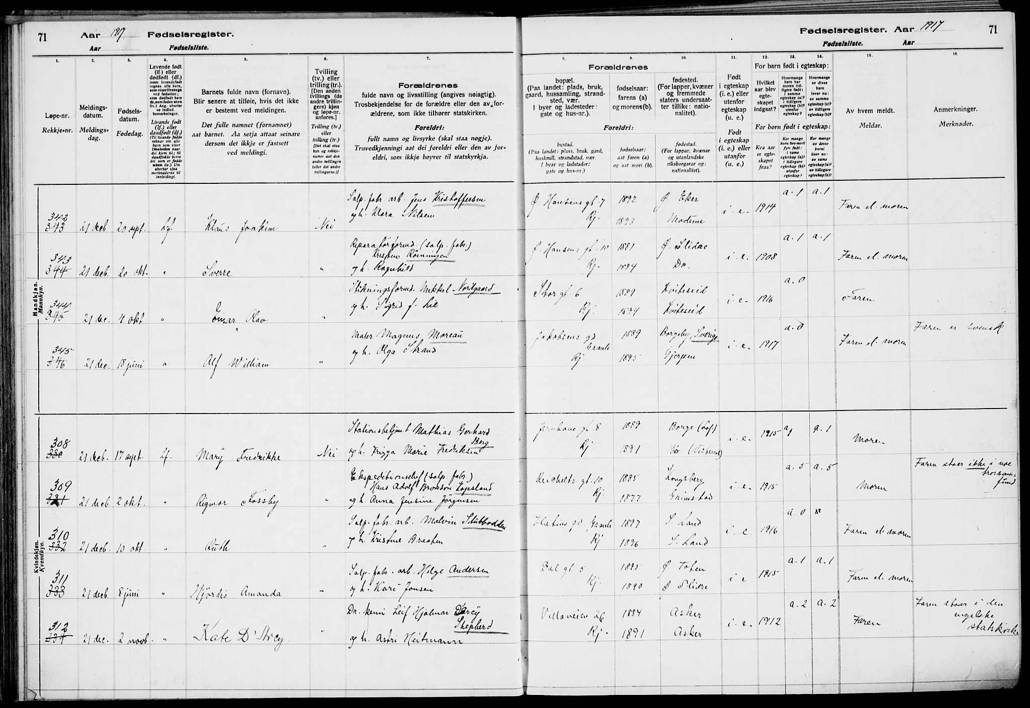 Rjukan kirkebøker, AV/SAKO-A-294/J/Ja/L0001: Fødselsregister nr. 1, 1916-1922, s. 71