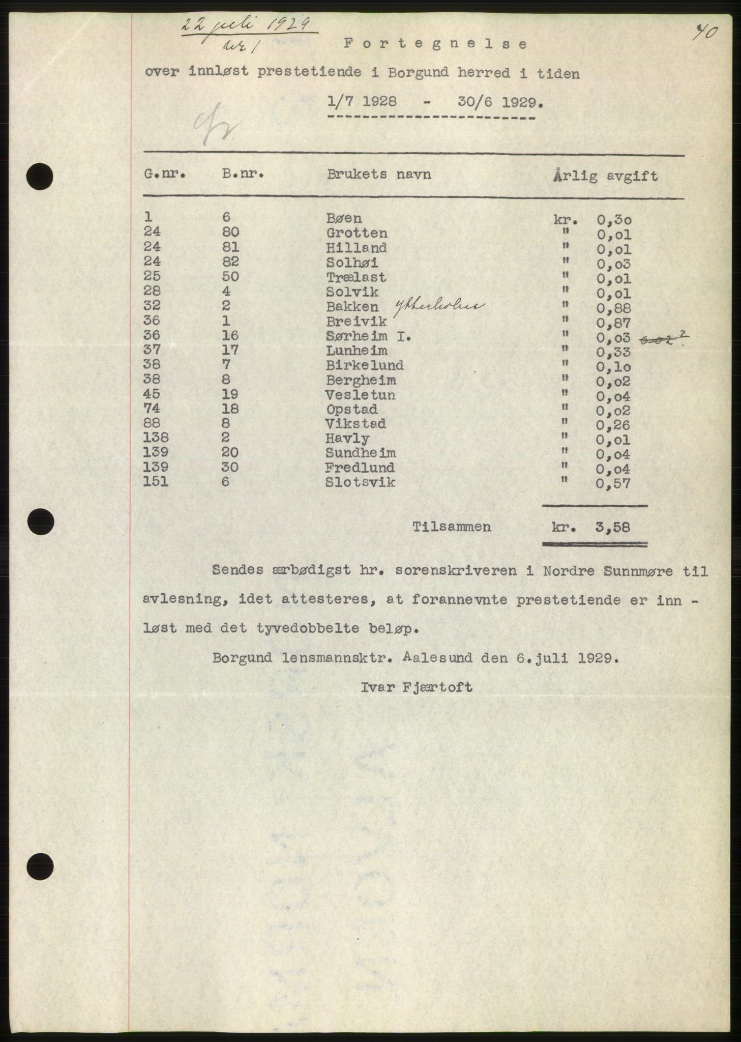 Nordre Sunnmøre sorenskriveri, SAT/A-0006/1/2/2C/2Ca/L0044: Pantebok nr. 44, 1929-1930, Tingl.dato: 22.07.1929