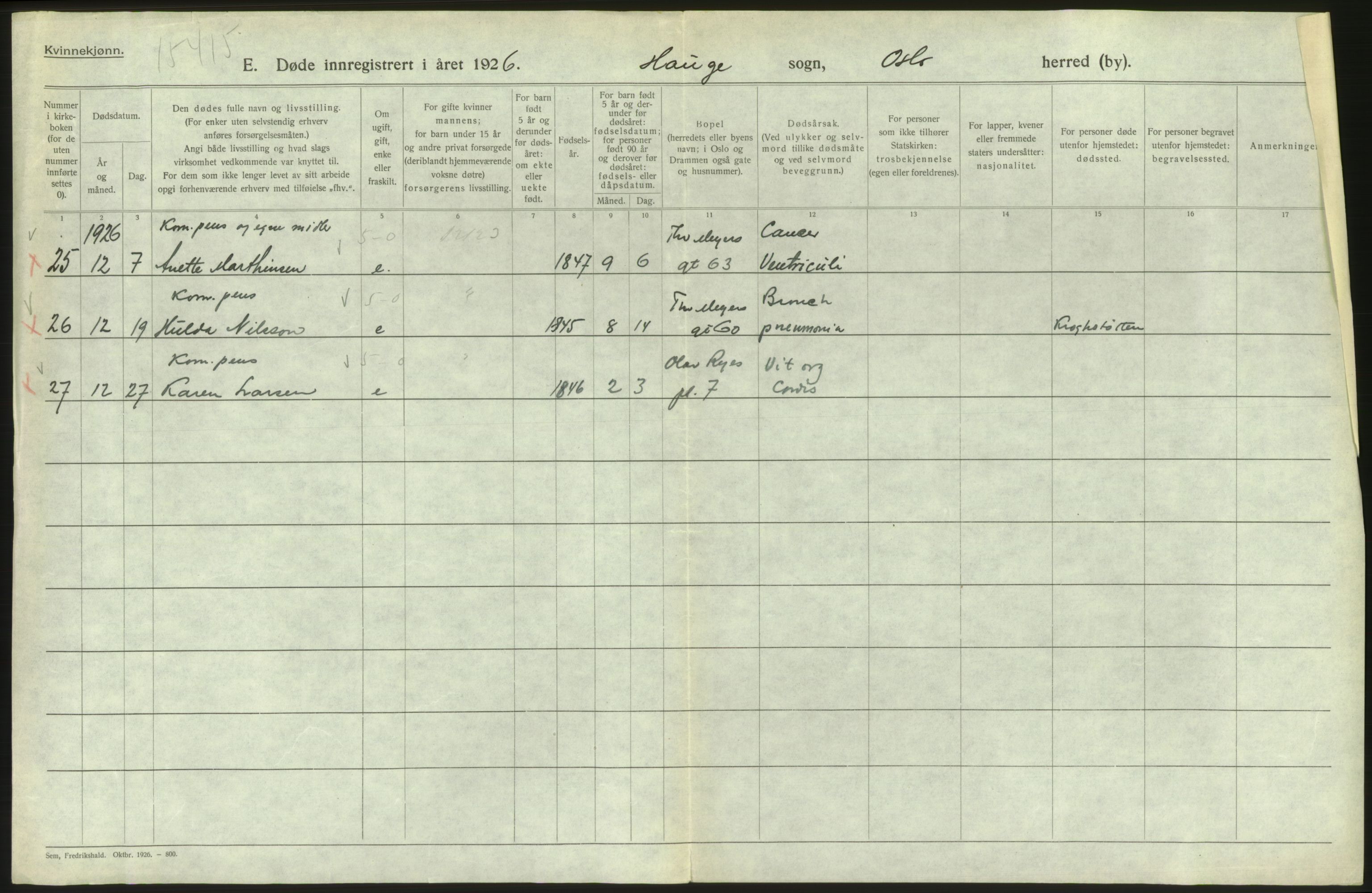 Statistisk sentralbyrå, Sosiodemografiske emner, Befolkning, AV/RA-S-2228/D/Df/Dfc/Dfcf/L0010: Oslo: Døde kvinner, dødfødte, 1926, s. 514
