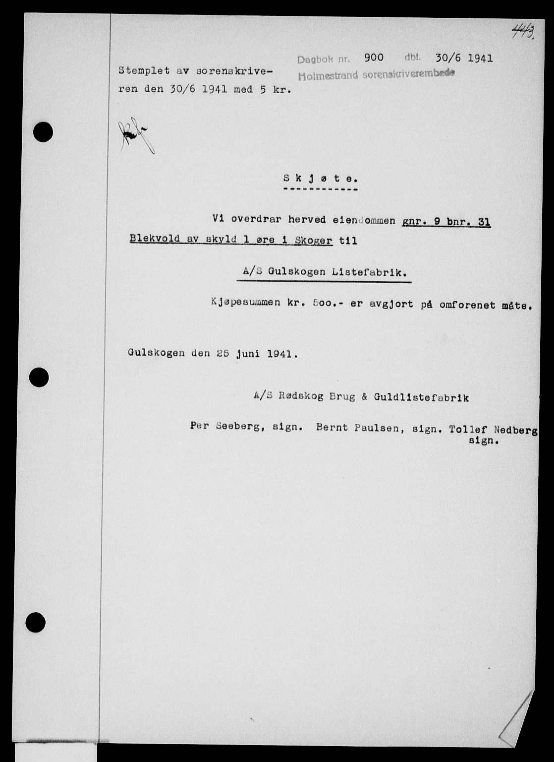Holmestrand sorenskriveri, SAKO/A-67/G/Ga/Gaa/L0053: Pantebok nr. A-53, 1941-1941, Dagboknr: 900/1941