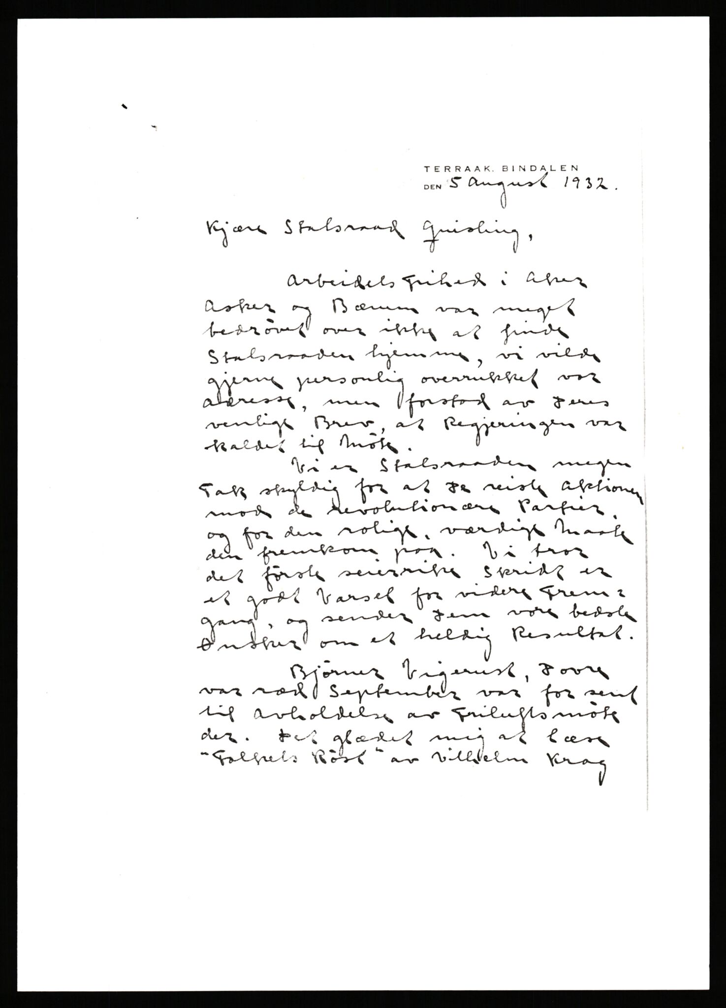 Quisling, Vidkun, AV/RA-PA-0750/G/Gf/L0001: Brev mv. til Vidkun Quisling, 1930-1938, s. 274