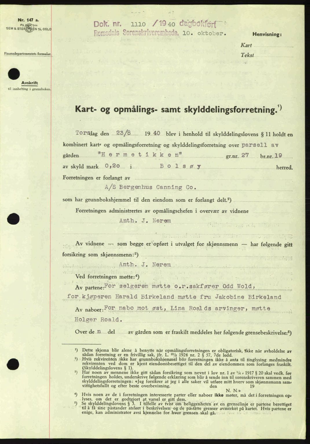 Romsdal sorenskriveri, AV/SAT-A-4149/1/2/2C: Pantebok nr. A8, 1939-1940, Dagboknr: 1110/1940