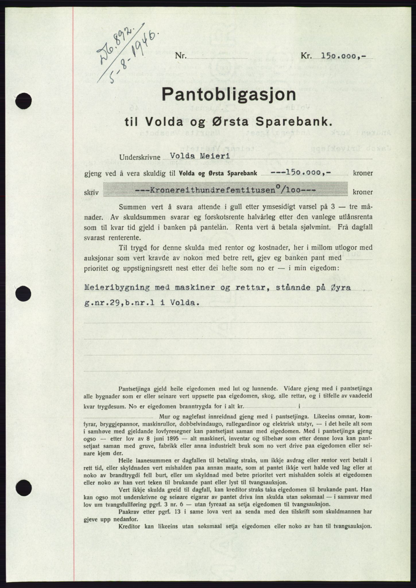 Søre Sunnmøre sorenskriveri, AV/SAT-A-4122/1/2/2C/L0114: Pantebok nr. 1-2B, 1943-1947, Dagboknr: 892/1946