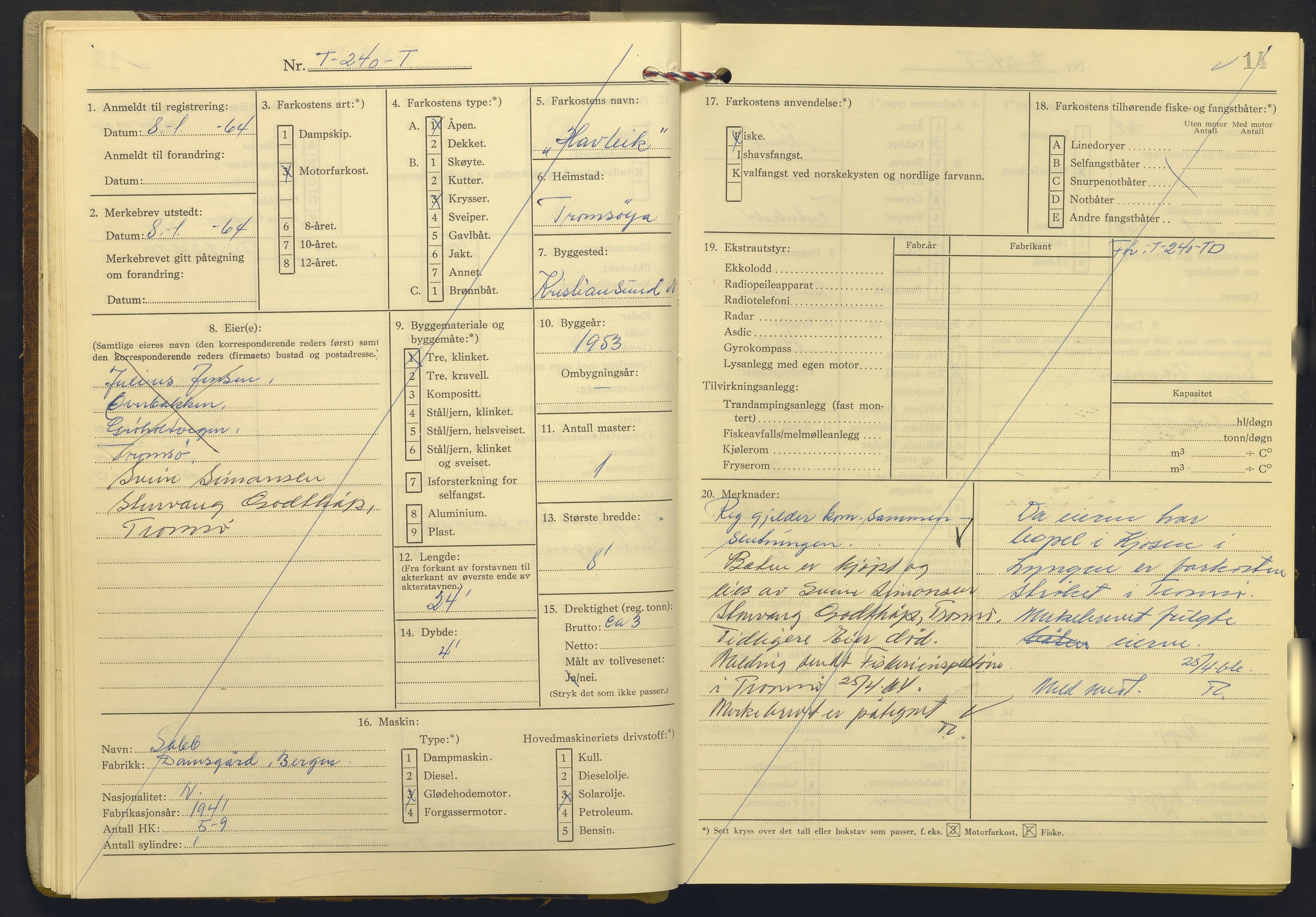 Fiskeridirektoratet - 1 Adm. ledelse - 13 Båtkontoret, AV/SAB-A-2003/I/Ia/Iab/L0072: 135.0230/2  Merkeprotokoll - Tromsø, 1963-1966