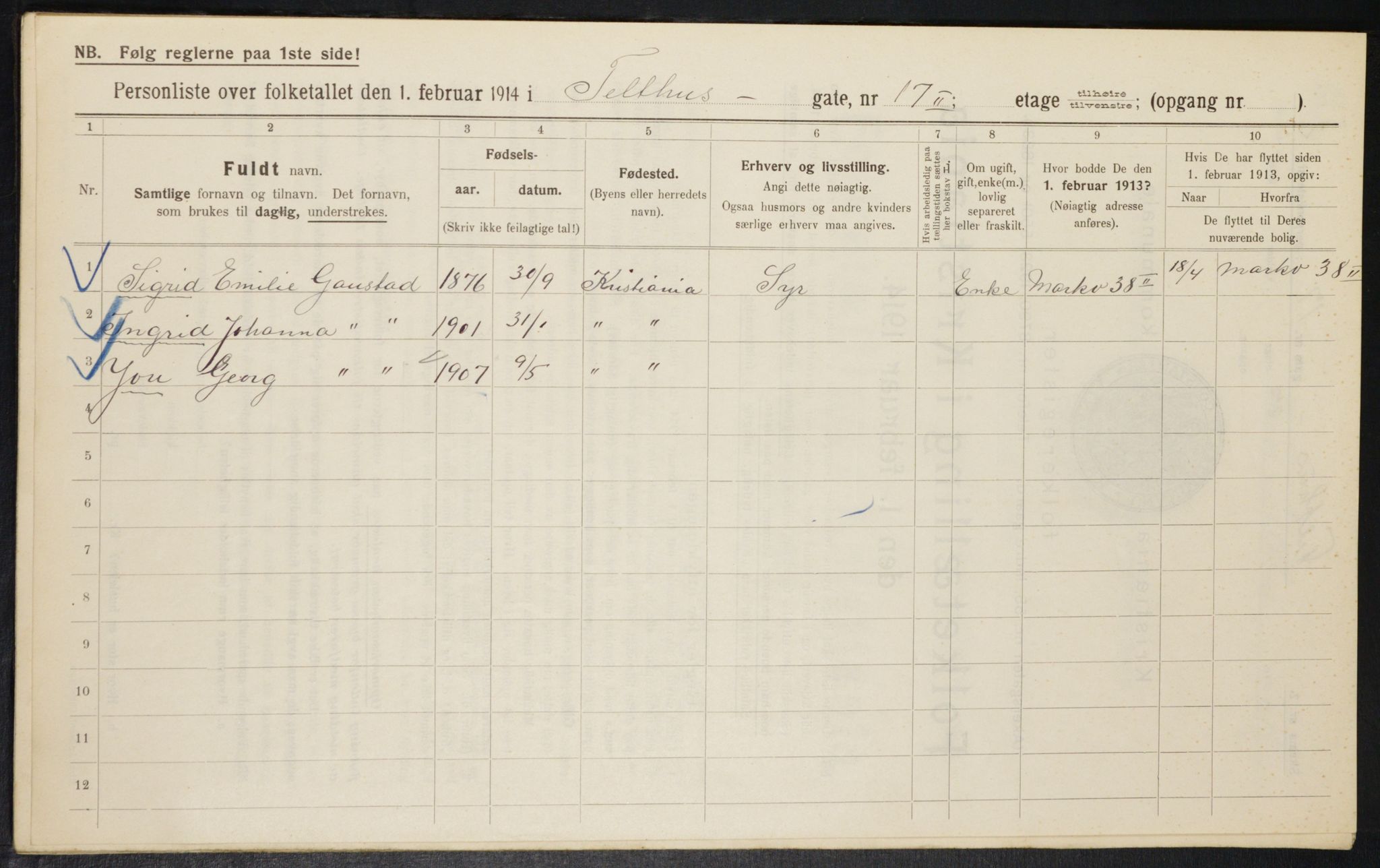 OBA, Kommunal folketelling 1.2.1914 for Kristiania, 1914, s. 108483