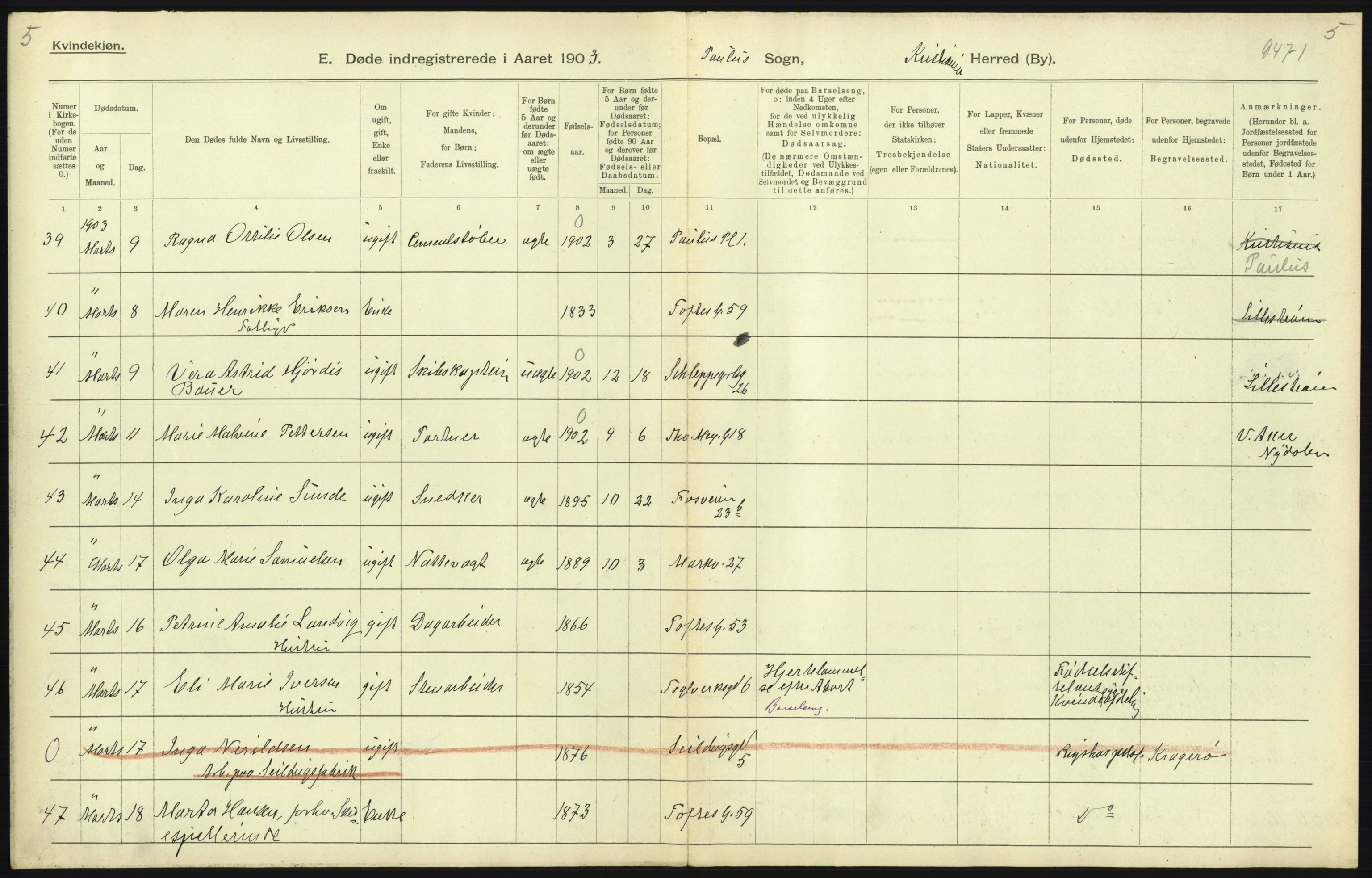 Statistisk sentralbyrå, Sosiodemografiske emner, Befolkning, AV/RA-S-2228/D/Df/Dfa/Dfaa/L0004: Kristiania: Gifte, døde, 1903, s. 307