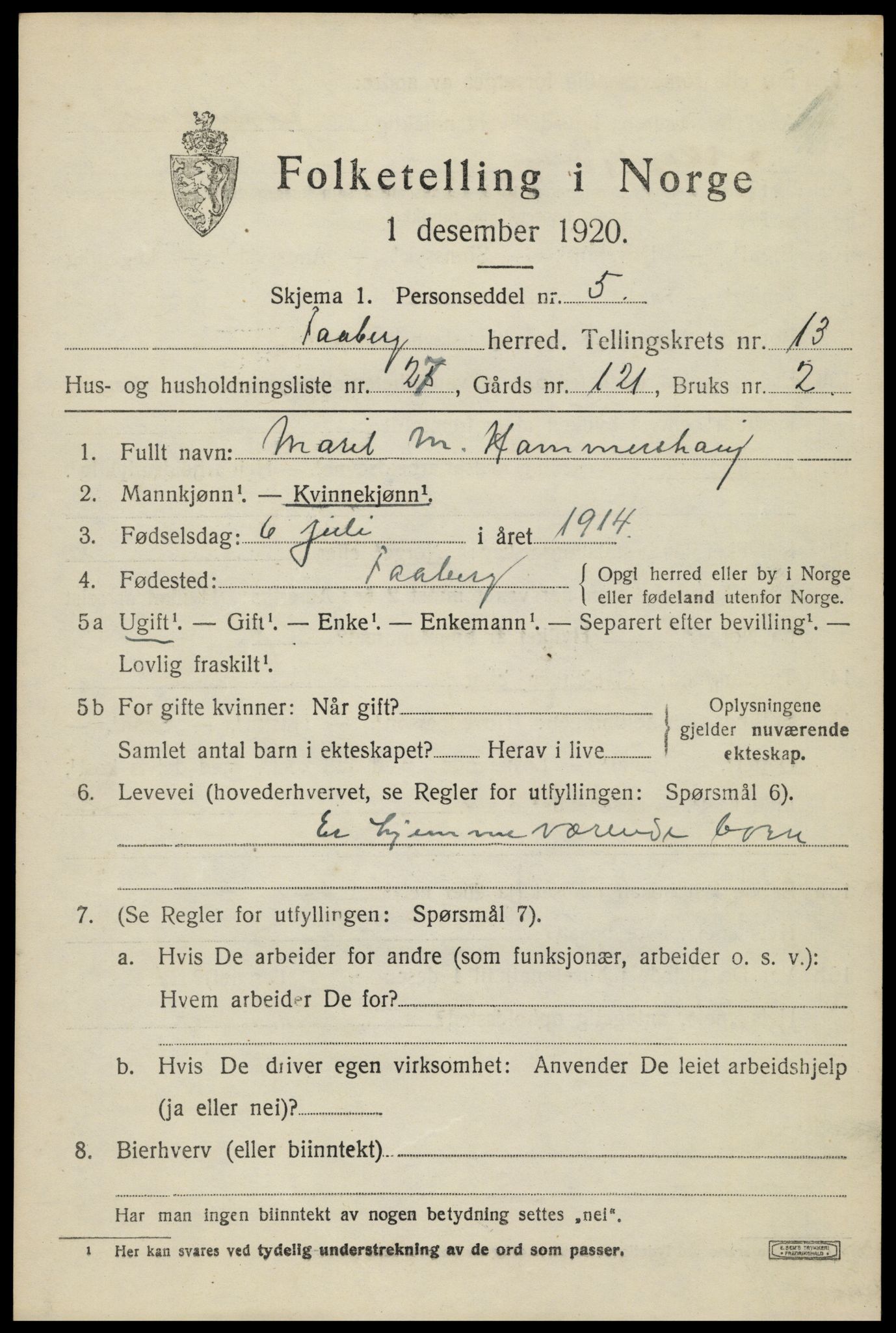 SAH, Folketelling 1920 for 0524 Fåberg herred, 1920, s. 14158
