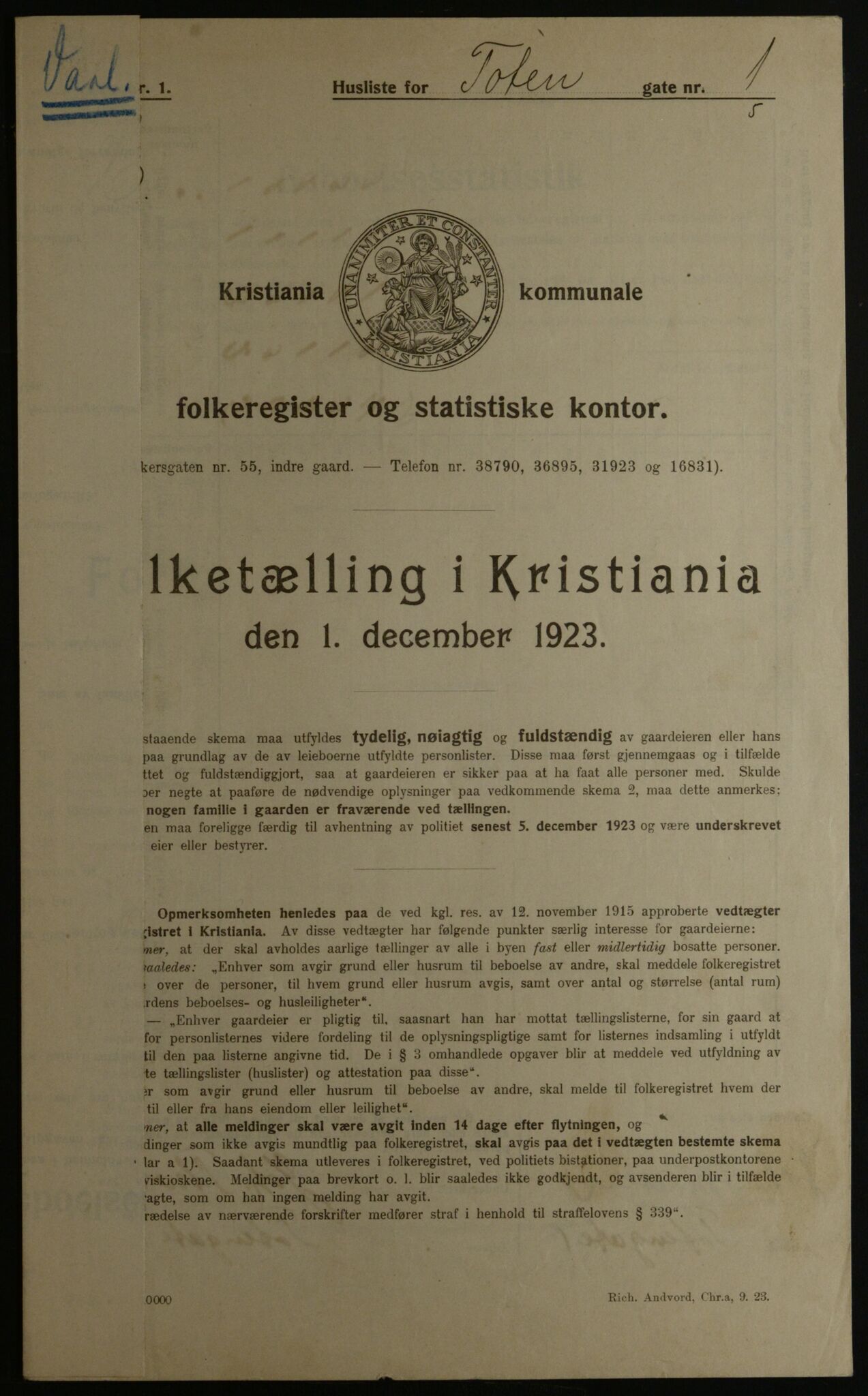 OBA, Kommunal folketelling 1.12.1923 for Kristiania, 1923, s. 127105