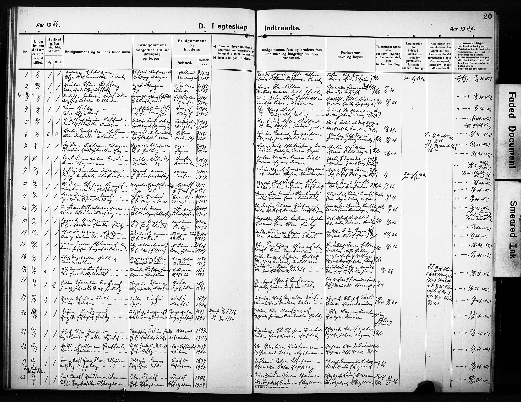 Elverum prestekontor, SAH/PREST-044/H/Ha/Hab/L0014: Klokkerbok nr. 14, 1922-1933, s. 20