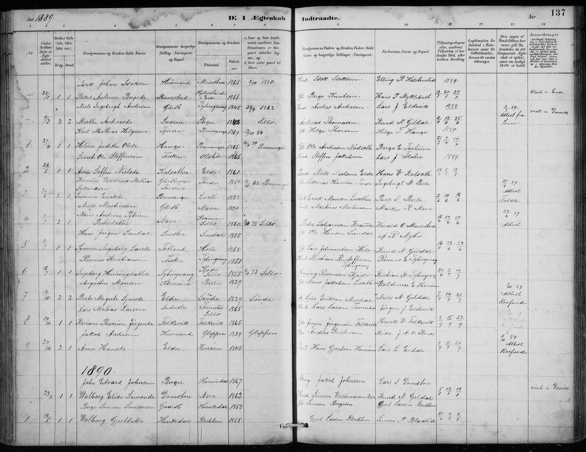 Davik sokneprestembete, AV/SAB-A-79701/H/Hab/Habc/L0002: Klokkerbok nr. C 2, 1889-1906, s. 137