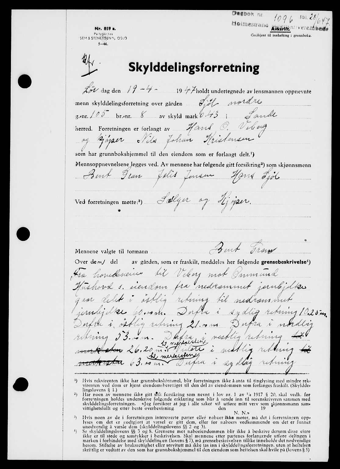 Holmestrand sorenskriveri, SAKO/A-67/G/Ga/Gaa/L0062: Pantebok nr. A-62, 1947-1947, Dagboknr: 1096/1947