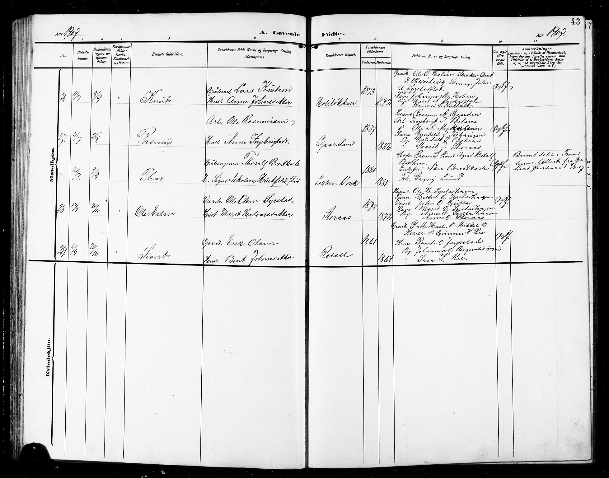 Ministerialprotokoller, klokkerbøker og fødselsregistre - Sør-Trøndelag, SAT/A-1456/672/L0864: Klokkerbok nr. 672C03, 1902-1914, s. 43