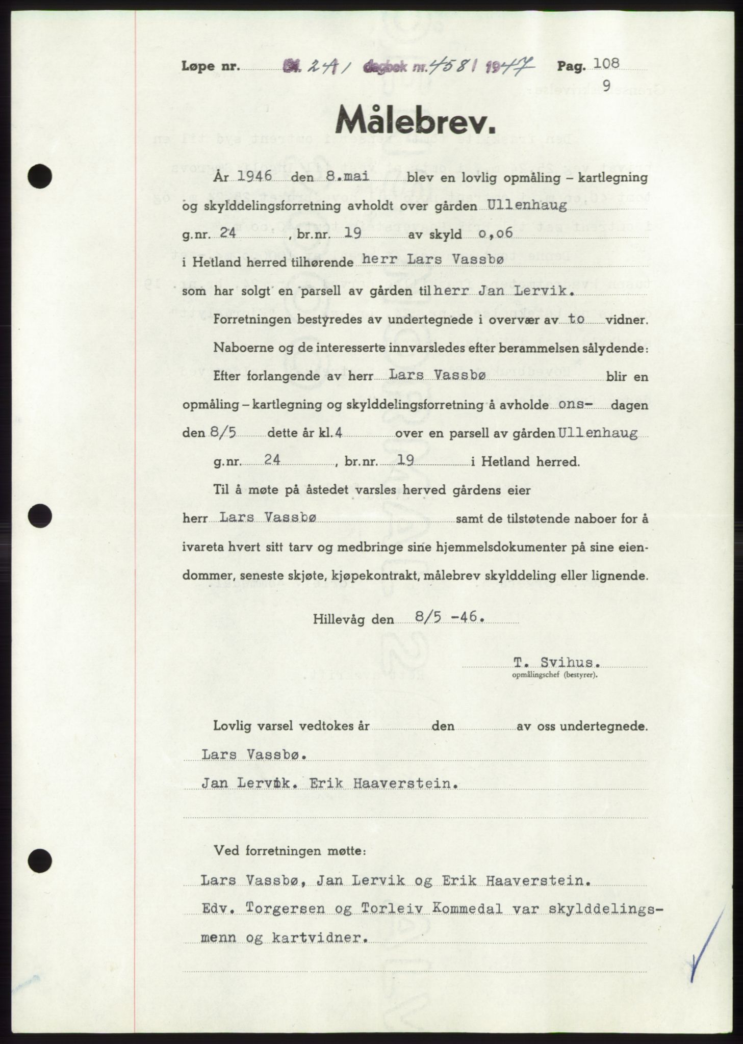 Jæren sorenskriveri, SAST/A-100310/03/G/Gba/L0093: Pantebok, 1947-1947, Dagboknr: 458/1947