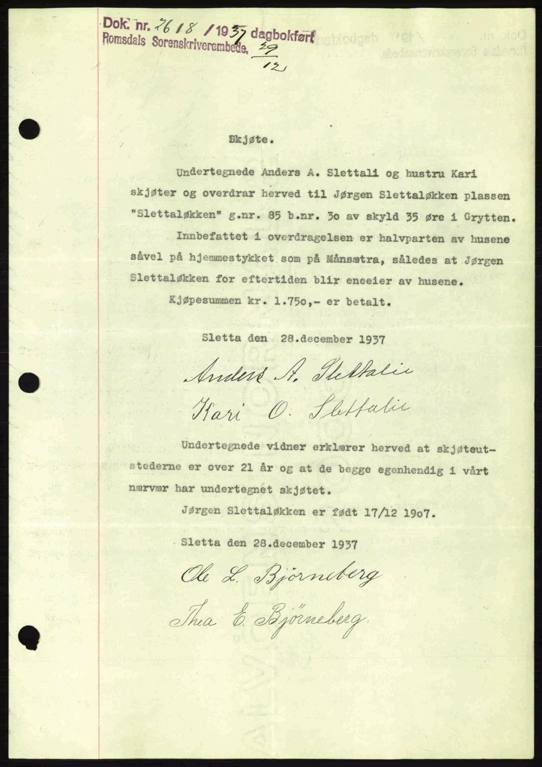Romsdal sorenskriveri, SAT/A-4149/1/2/2C: Pantebok nr. A4, 1937-1938, Dagboknr: 2618/1937