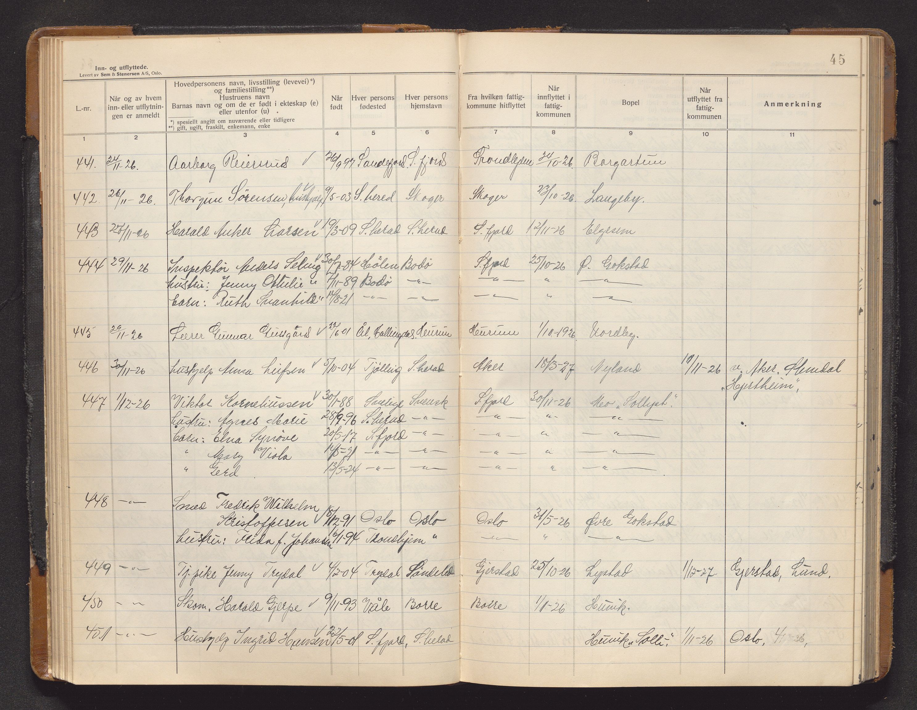 Sandar lensmannskontor, AV/SAKO-A-545/O/Oa/L0007: Protokoll over inn- og utflyttede, 1925-1929, s. 44b-45a