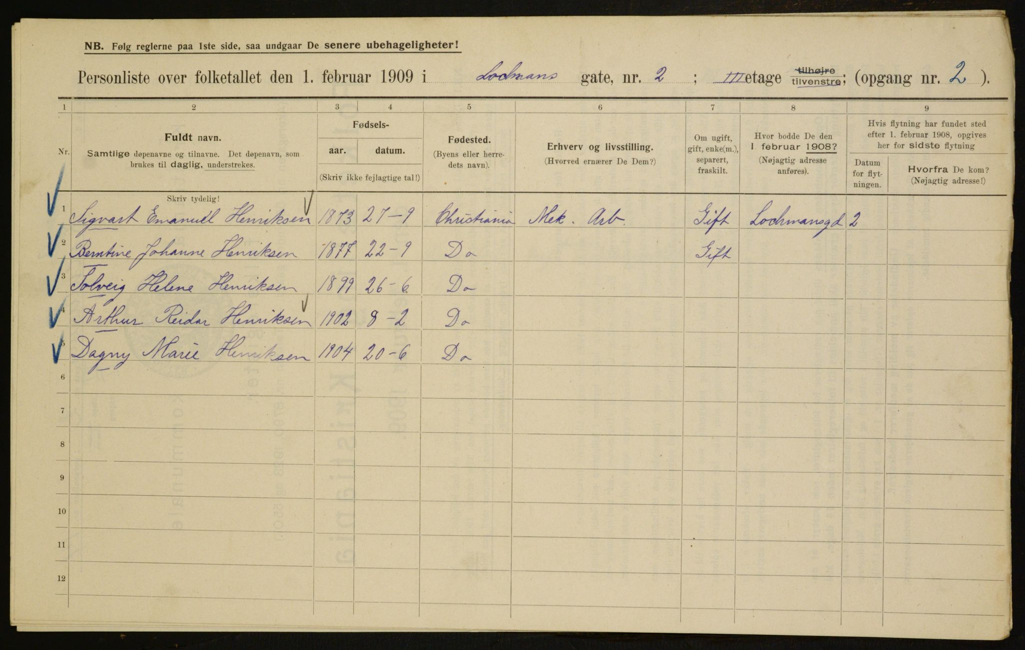 OBA, Kommunal folketelling 1.2.1909 for Kristiania kjøpstad, 1909, s. 74144