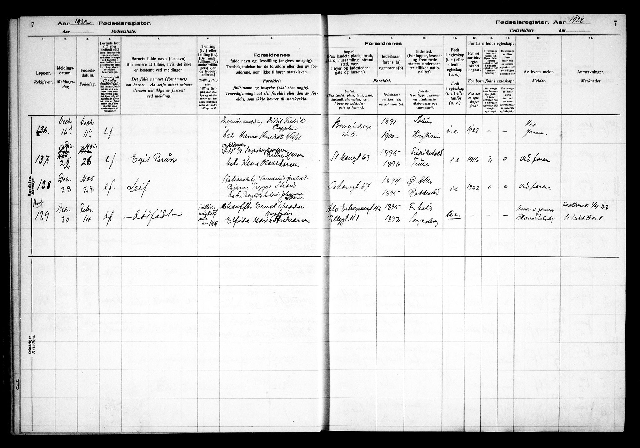 Sarpsborg prestekontor Kirkebøker, SAO/A-2006/J/Ja/L0002: Fødselsregister nr. 2, 1922-1928, s. 7