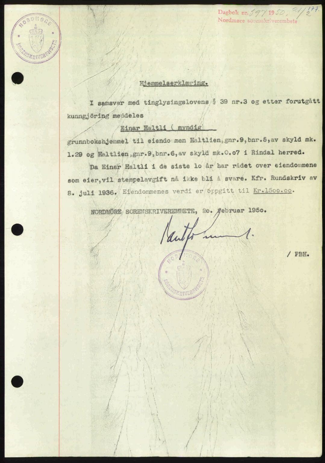 Nordmøre sorenskriveri, SAT/A-4132/1/2/2Ca: Pantebok nr. A114, 1950-1950, Dagboknr: 597/1950