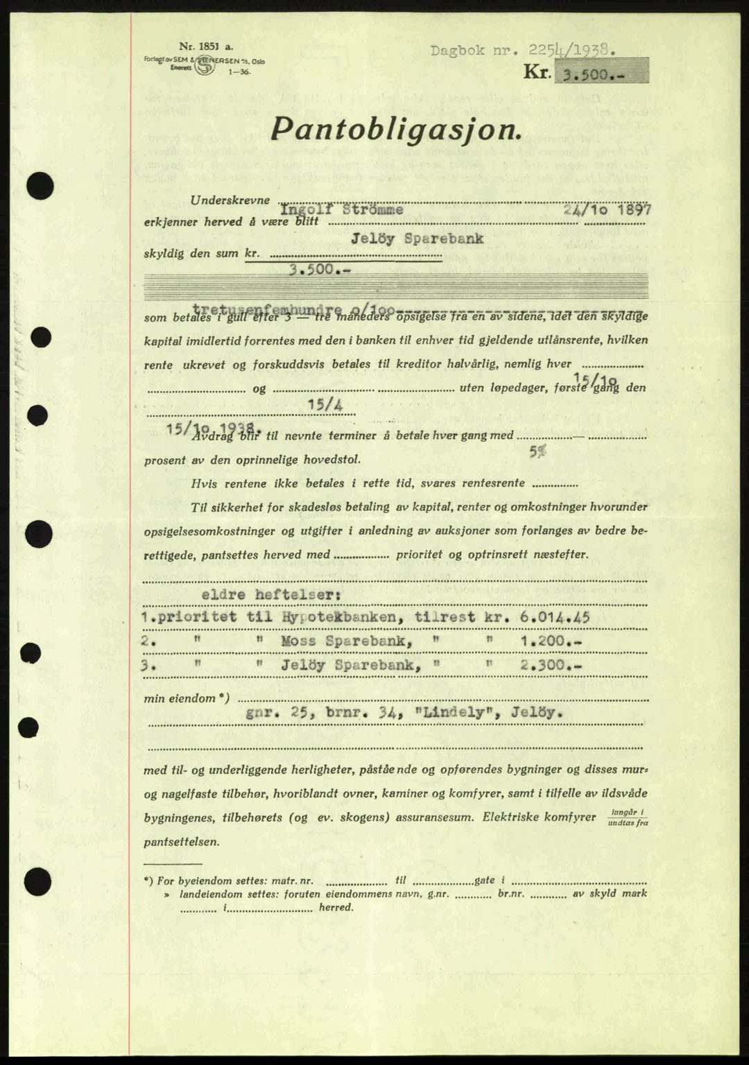 Moss sorenskriveri, SAO/A-10168: Pantebok nr. B6, 1938-1938, Dagboknr: 2254/1938