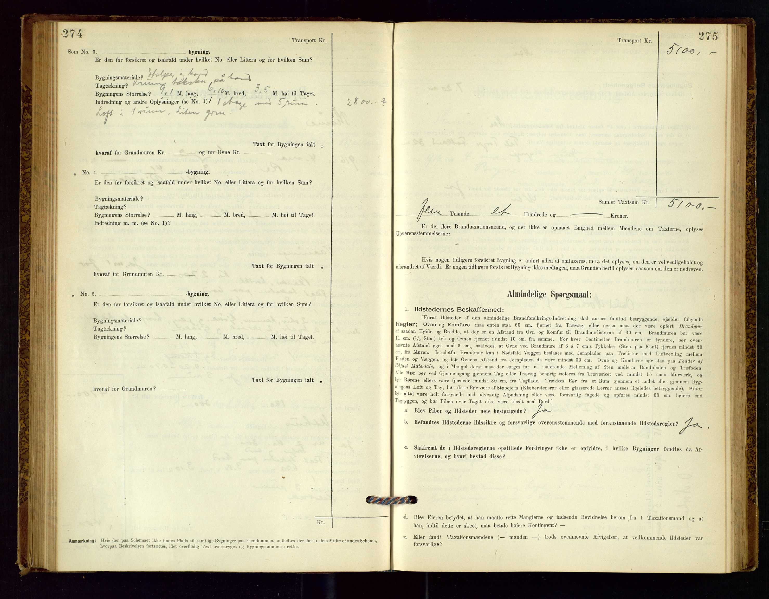 Time lensmannskontor, AV/SAST-A-100420/Gob/L0001: Branntakstprotokoll, 1896-1914, s. 274-275