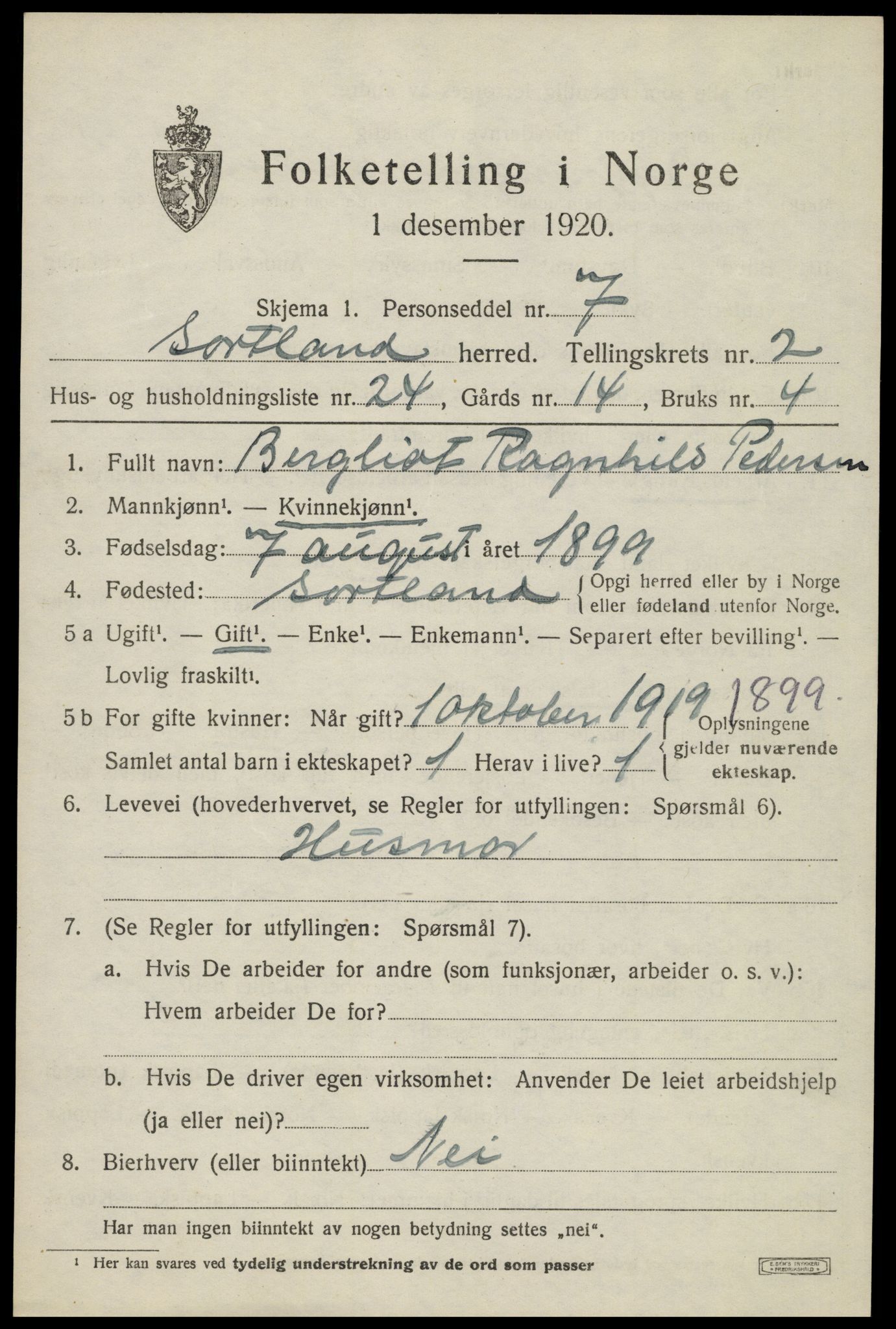 SAT, Folketelling 1920 for 1870 Sortland herred, 1920, s. 3080