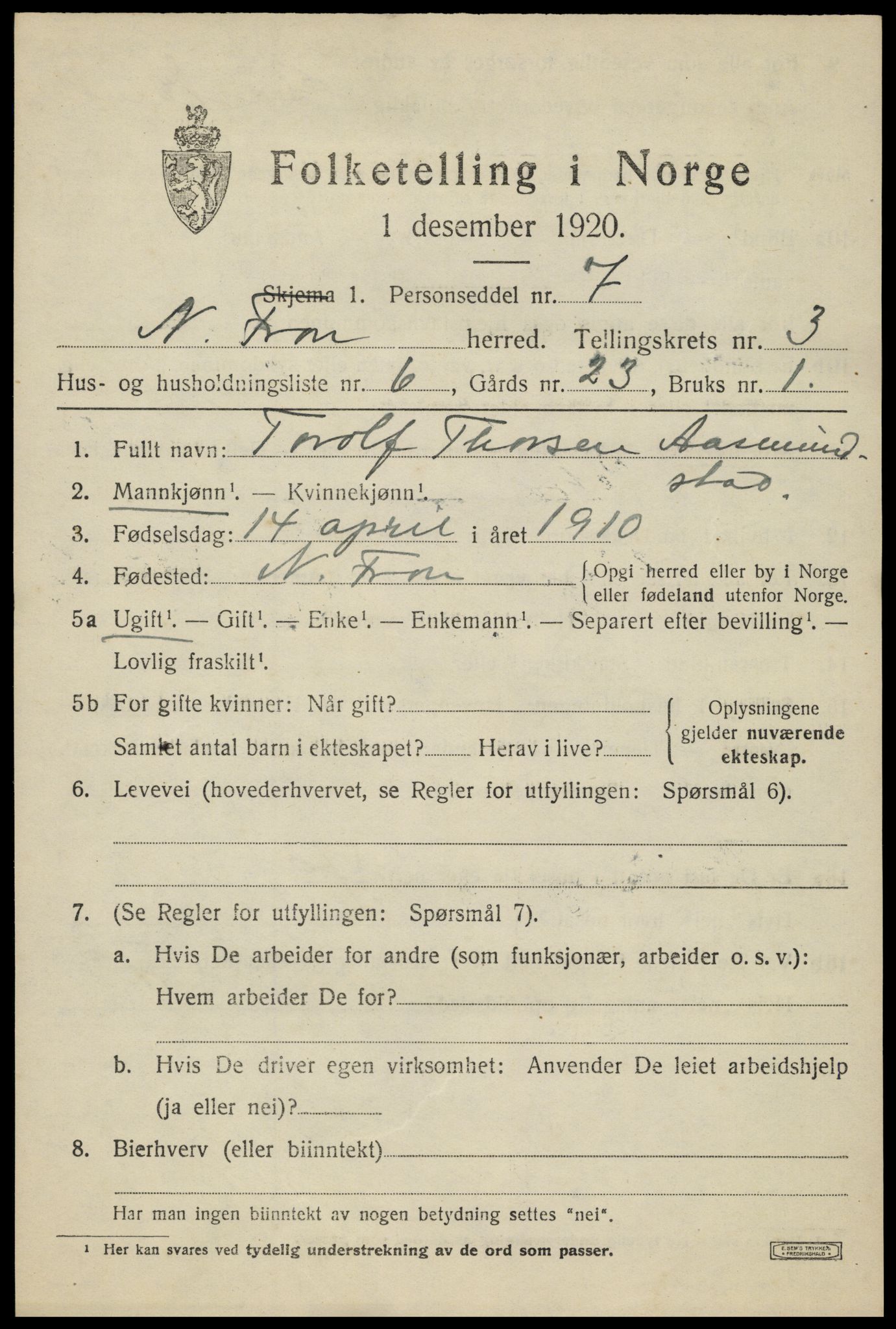 SAH, Folketelling 1920 for 0518 Nord-Fron herred, 1920, s. 3120