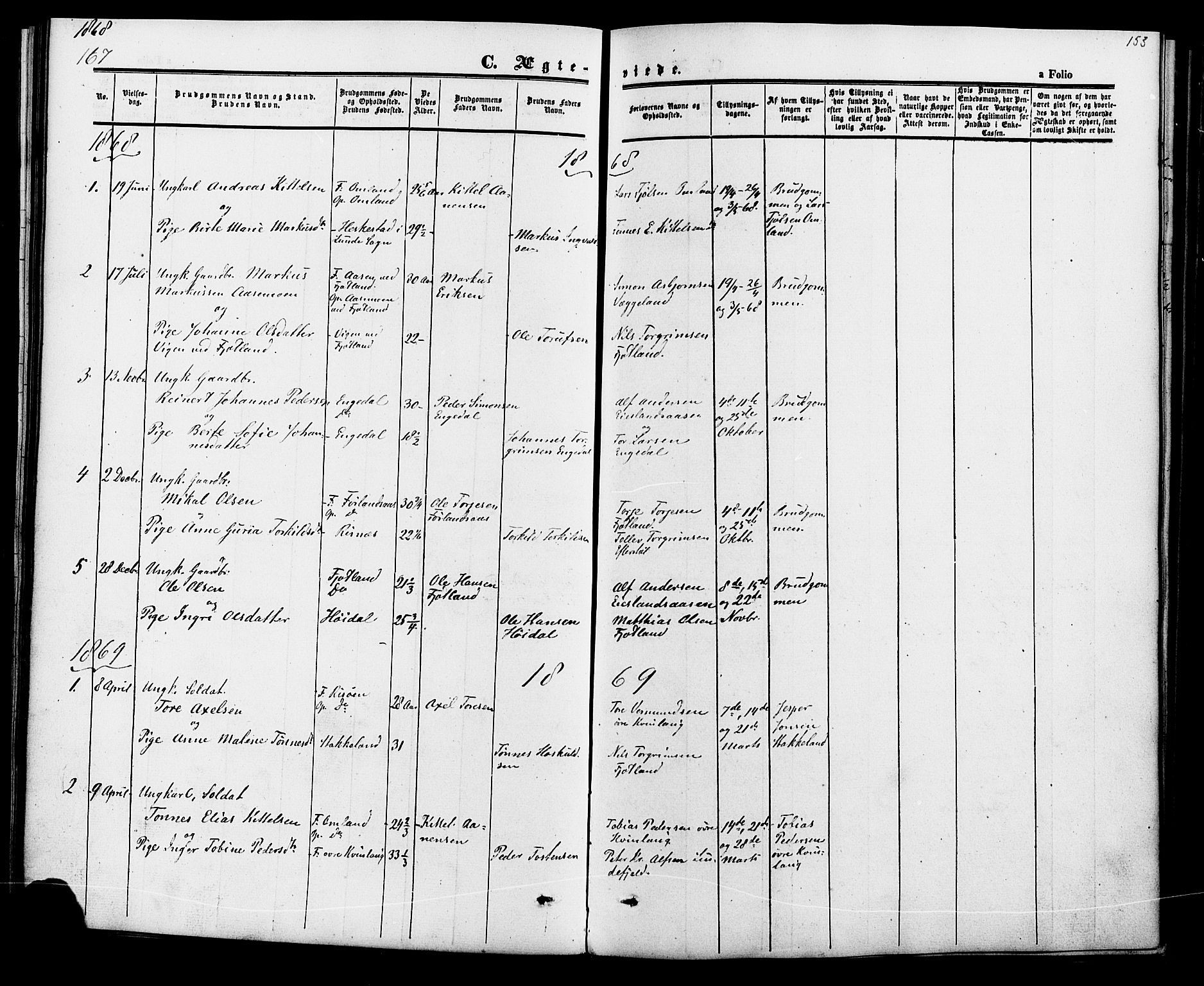 Fjotland sokneprestkontor, SAK/1111-0010/F/Fa/L0001: Ministerialbok nr. A 1, 1850-1879, s. 153