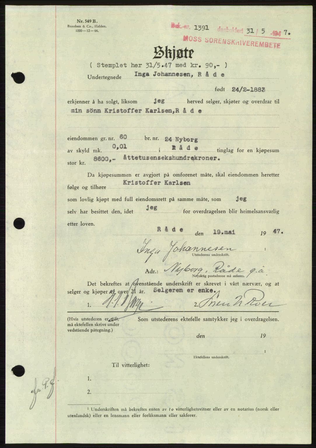 Moss sorenskriveri, SAO/A-10168: Pantebok nr. A17, 1947-1947, Dagboknr: 1391/1947
