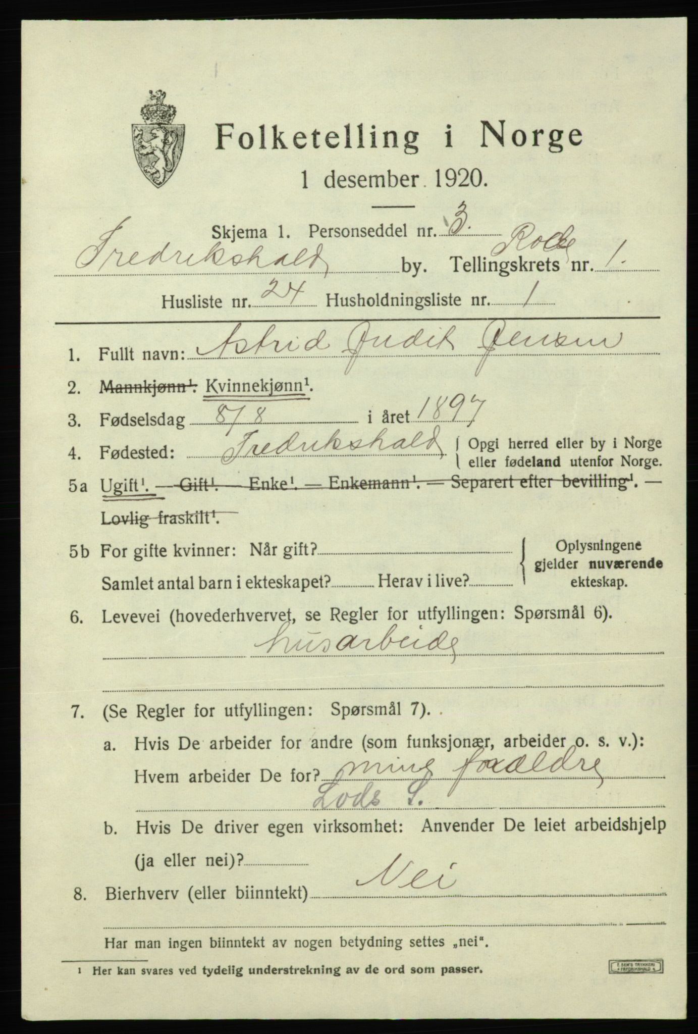 SAO, Folketelling 1920 for 0101 Fredrikshald kjøpstad, 1920, s. 8508