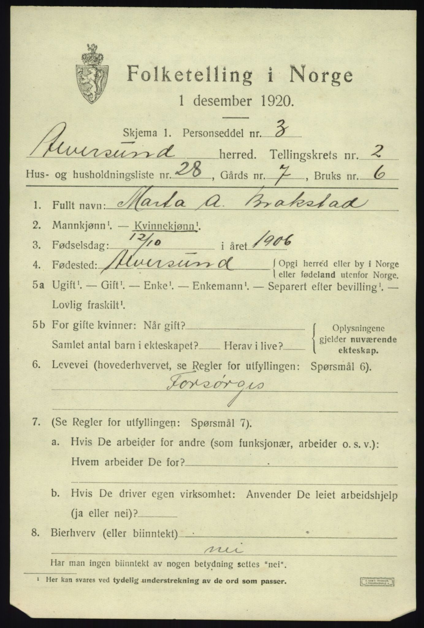 SAB, Folketelling 1920 for 1257 Alversund herred, 1920, s. 2008