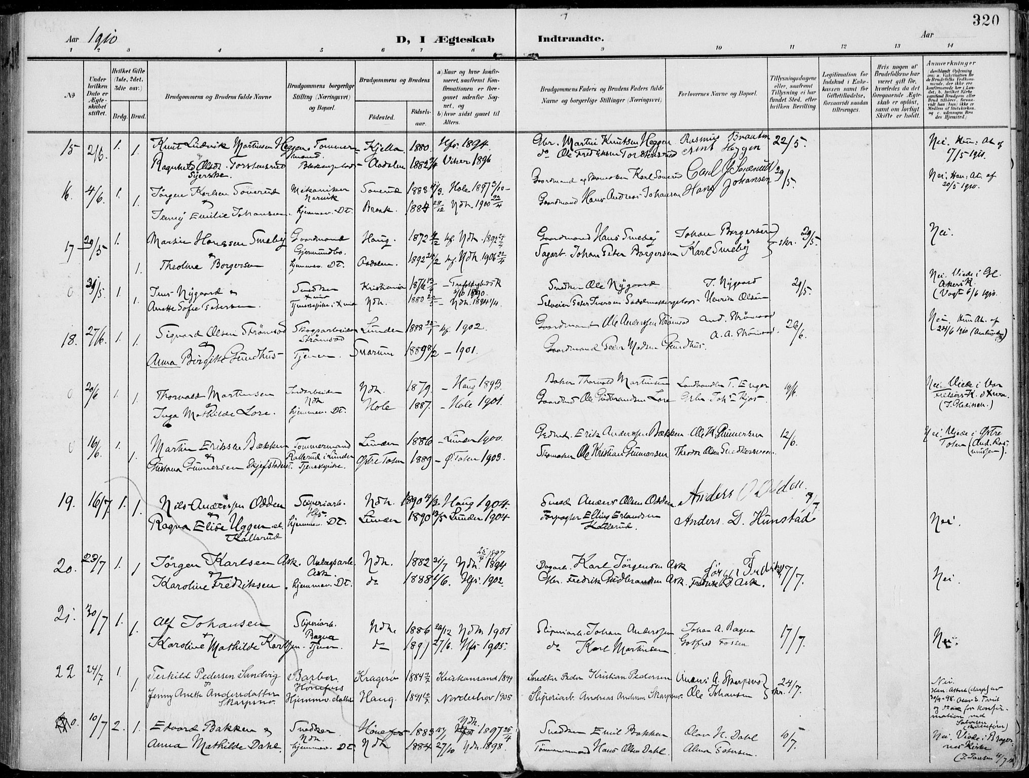Norderhov kirkebøker, AV/SAKO-A-237/F/Fa/L0017: Ministerialbok nr. 17, 1903-1919, s. 320