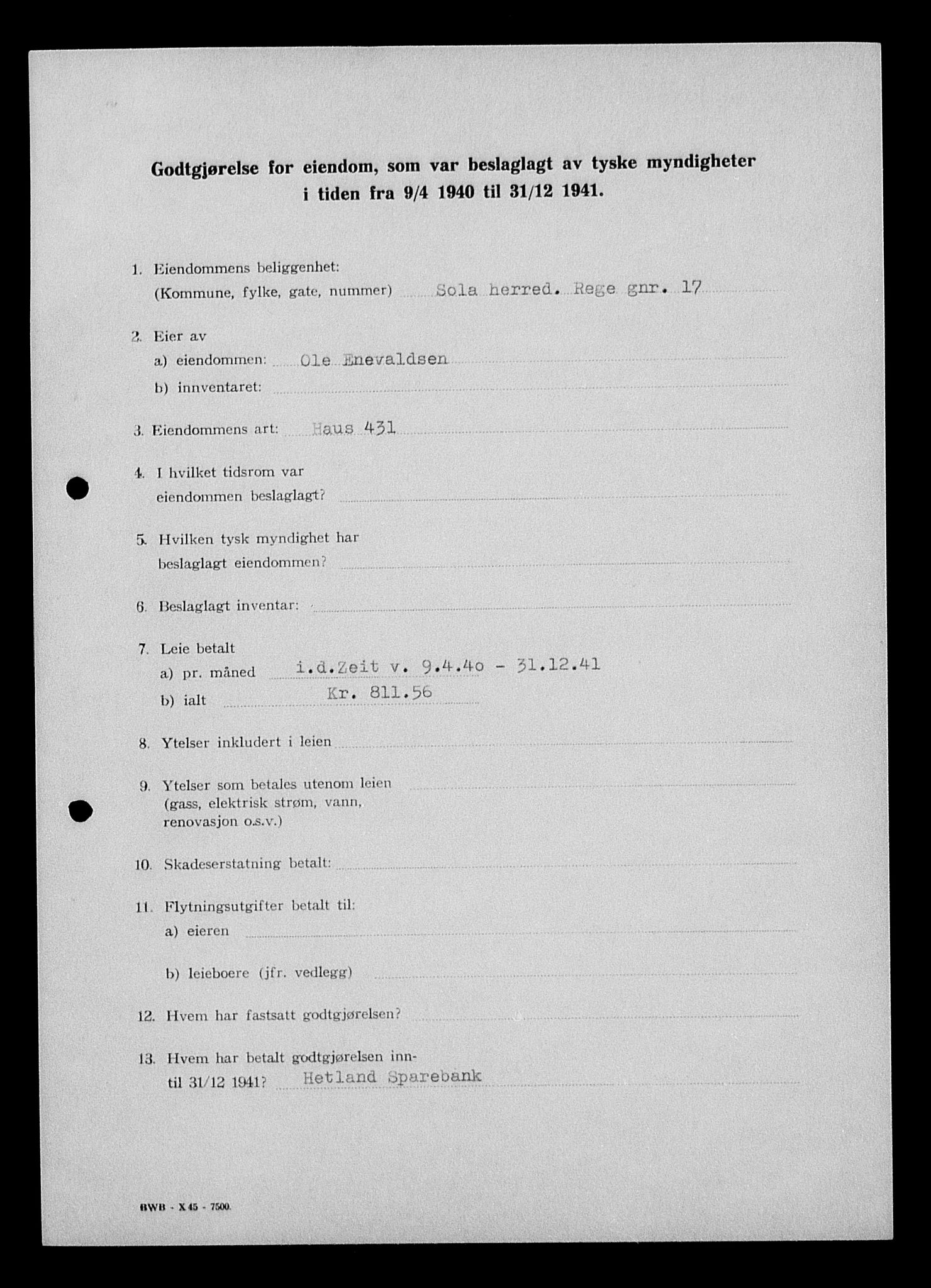 Justisdepartementet, Tilbakeføringskontoret for inndratte formuer, AV/RA-S-1564/I/L1014: Godtgjørelse for beslaglagt eiendom, 1940-1941, s. 237