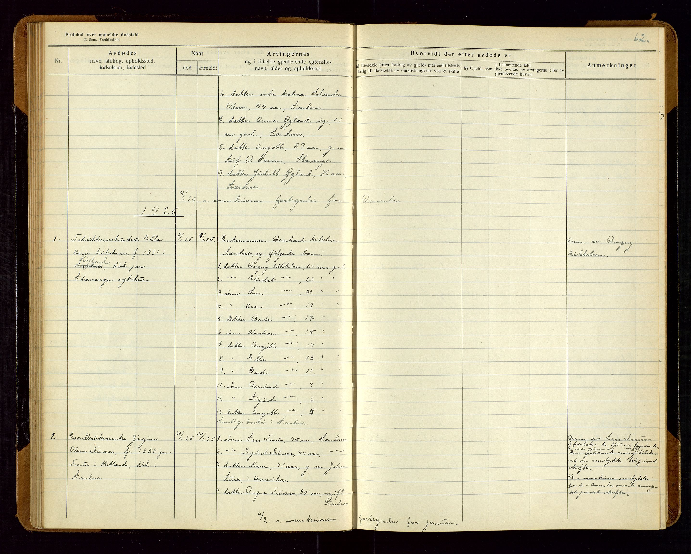 Sandnes lensmannskontor, AV/SAST-A-100167/Gga/L0001: "Protokol over anmeldte dødsfald" m/register, 1918-1940, s. 62