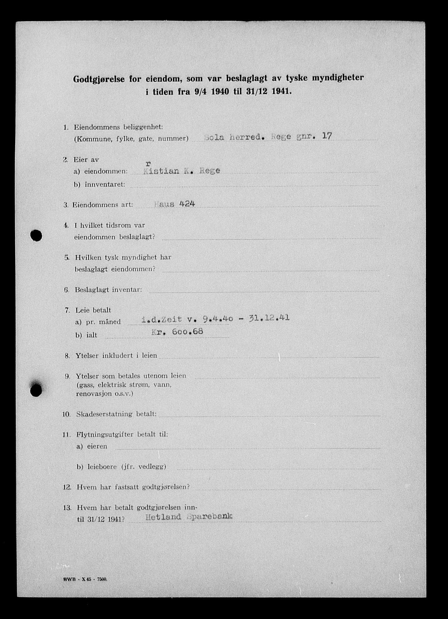 Justisdepartementet, Tilbakeføringskontoret for inndratte formuer, AV/RA-S-1564/I/L1015: Godtgjørelse for beslaglagt eiendom, 1940-1941, s. 85
