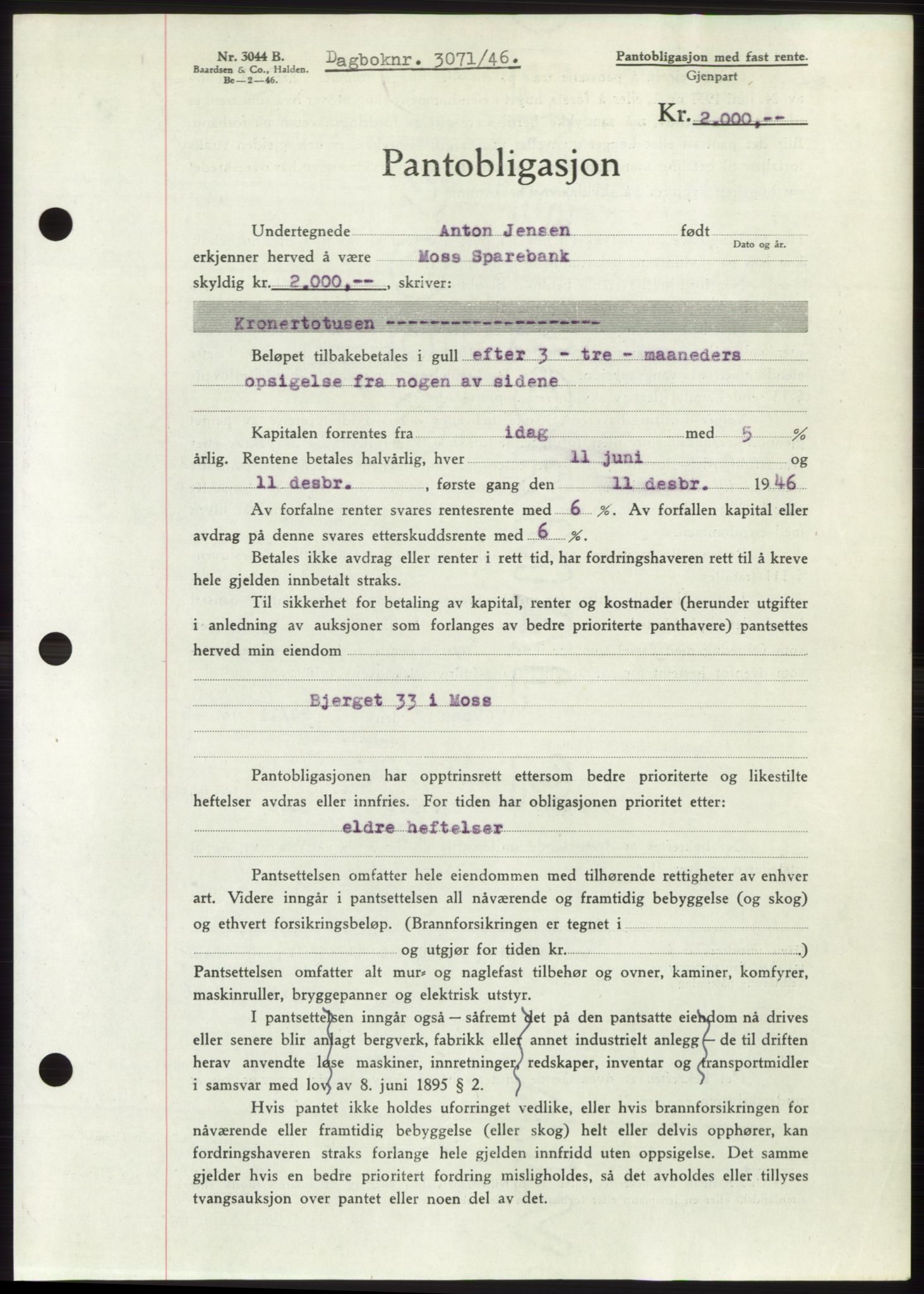 Moss sorenskriveri, SAO/A-10168: Pantebok nr. B16, 1946-1947, Dagboknr: 3071/1946