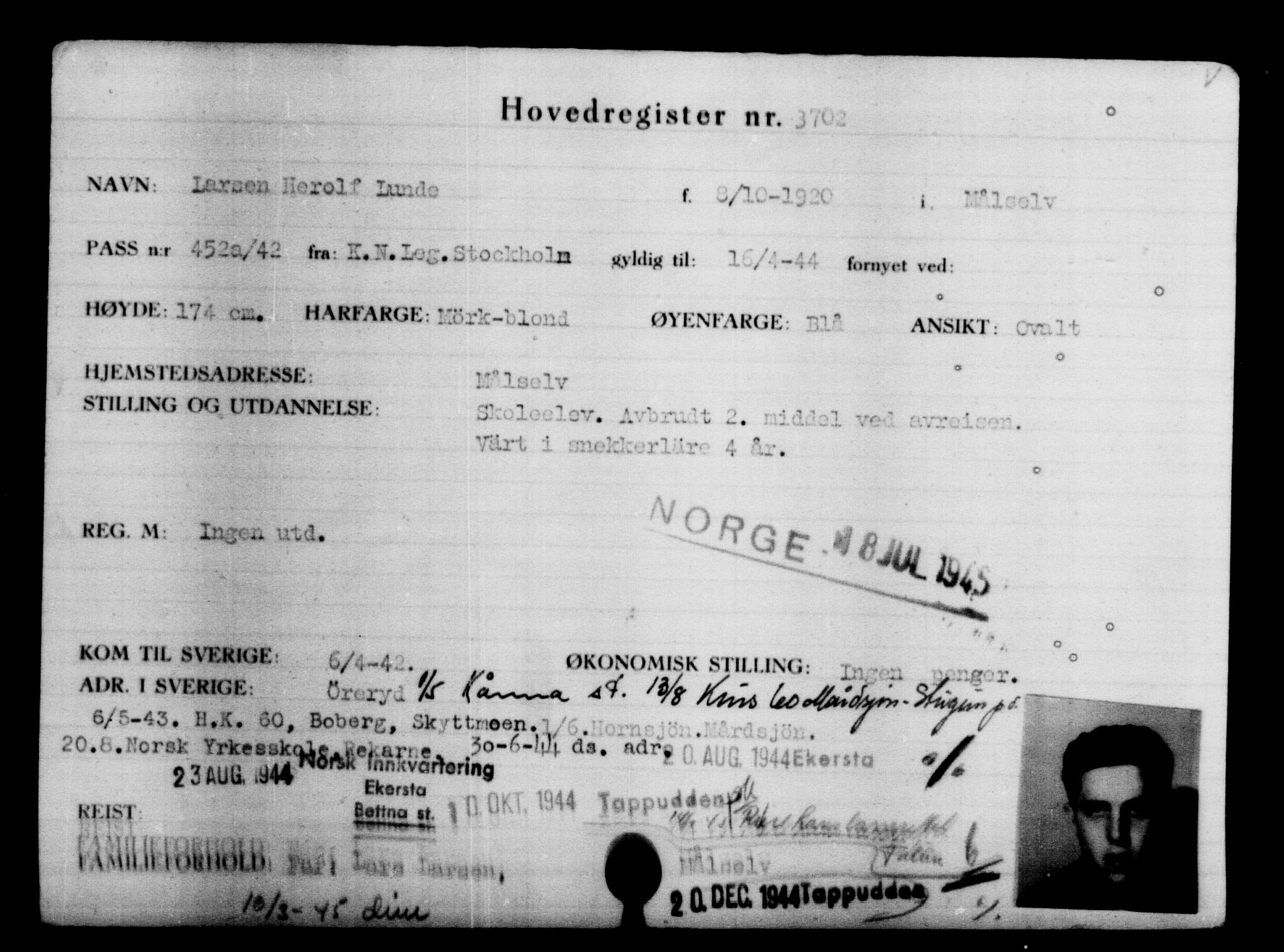 Utenriksstasjonene, Legasjonen i Stockholm, Flyktningkontoret, AV/RA-S-6753/V/Va/L0004: Kjesäterkartoteket, flyktninger med registreringsnr. 3496-6610, 1940-1945, s. 240