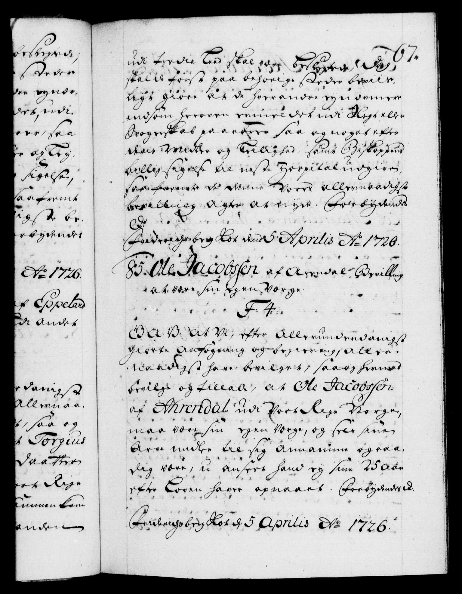 Danske Kanselli 1572-1799, RA/EA-3023/F/Fc/Fca/Fcaa/L0025: Norske registre, 1726-1728, s. 67a