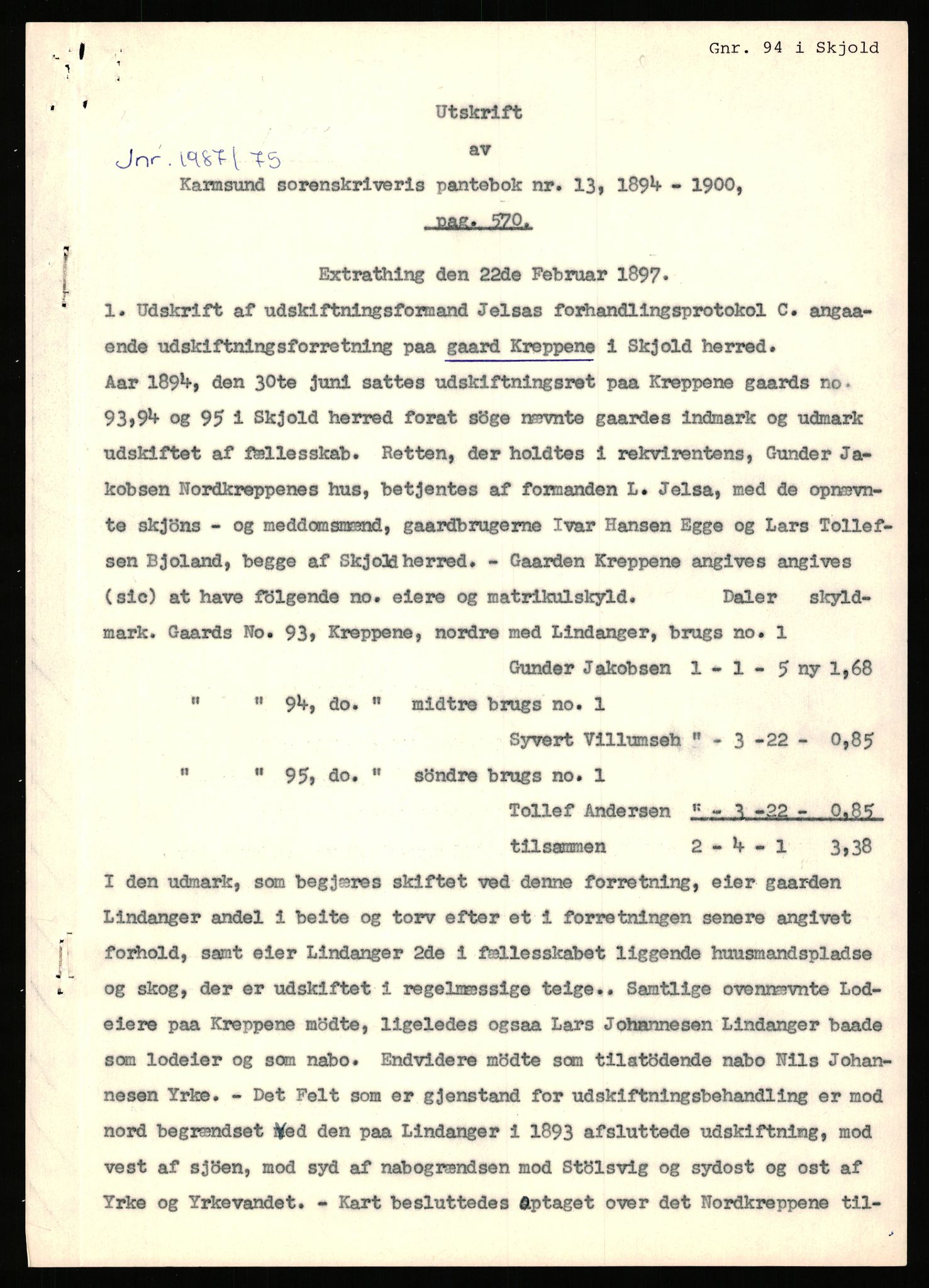 Statsarkivet i Stavanger, SAST/A-101971/03/Y/Yj/L0048: Avskrifter sortert etter gårdsnavn: Kluge - Kristianslyst, 1750-1930, s. 454