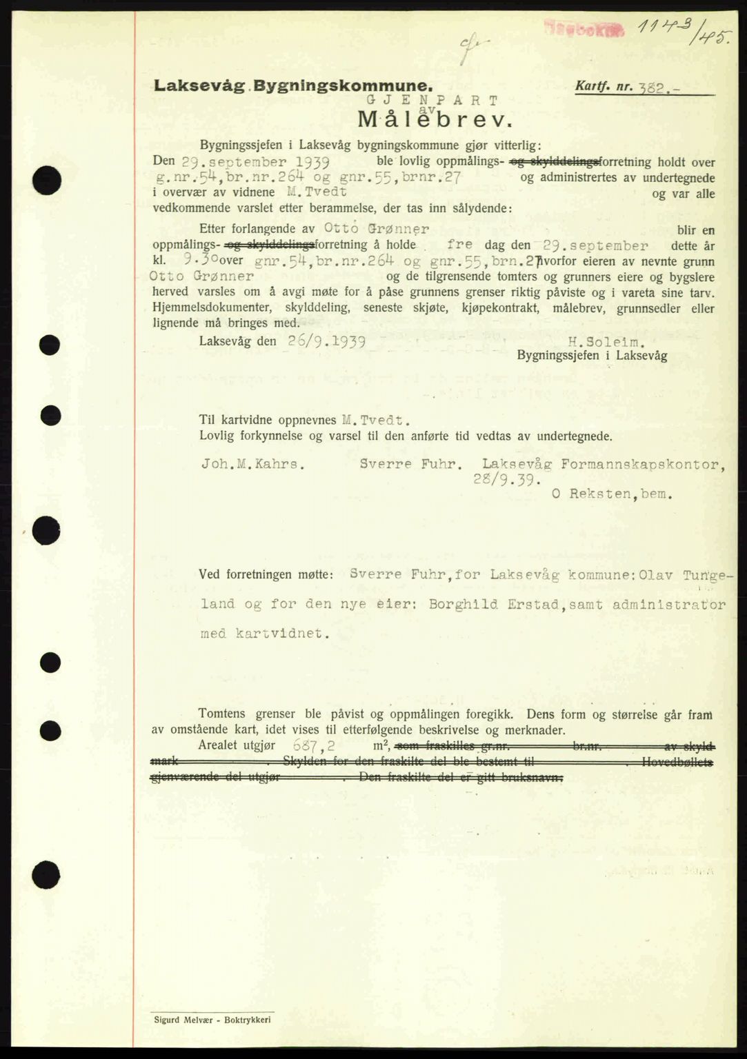 Midhordland sorenskriveri, SAB/A-3001/1/G/Gb/Gbk/L0008: Pantebok nr. A36-41, 1944-1945, Dagboknr: 1143/1945