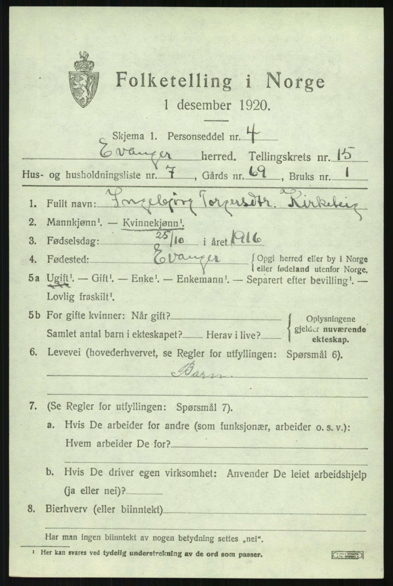 SAB, Folketelling 1920 for 1237 Evanger herred, 1920, s. 4205