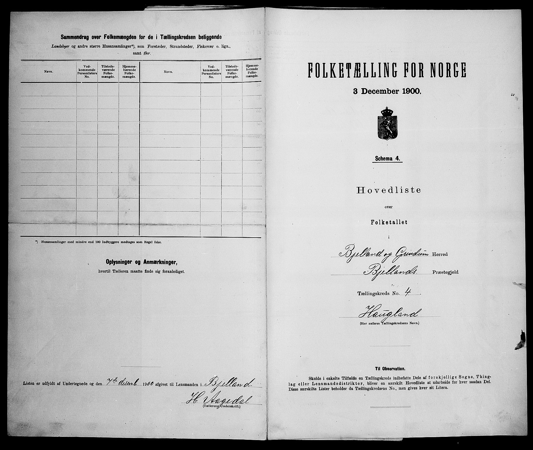 SAK, Folketelling 1900 for 1024 Bjelland og Grindheim herred, 1900, s. 11