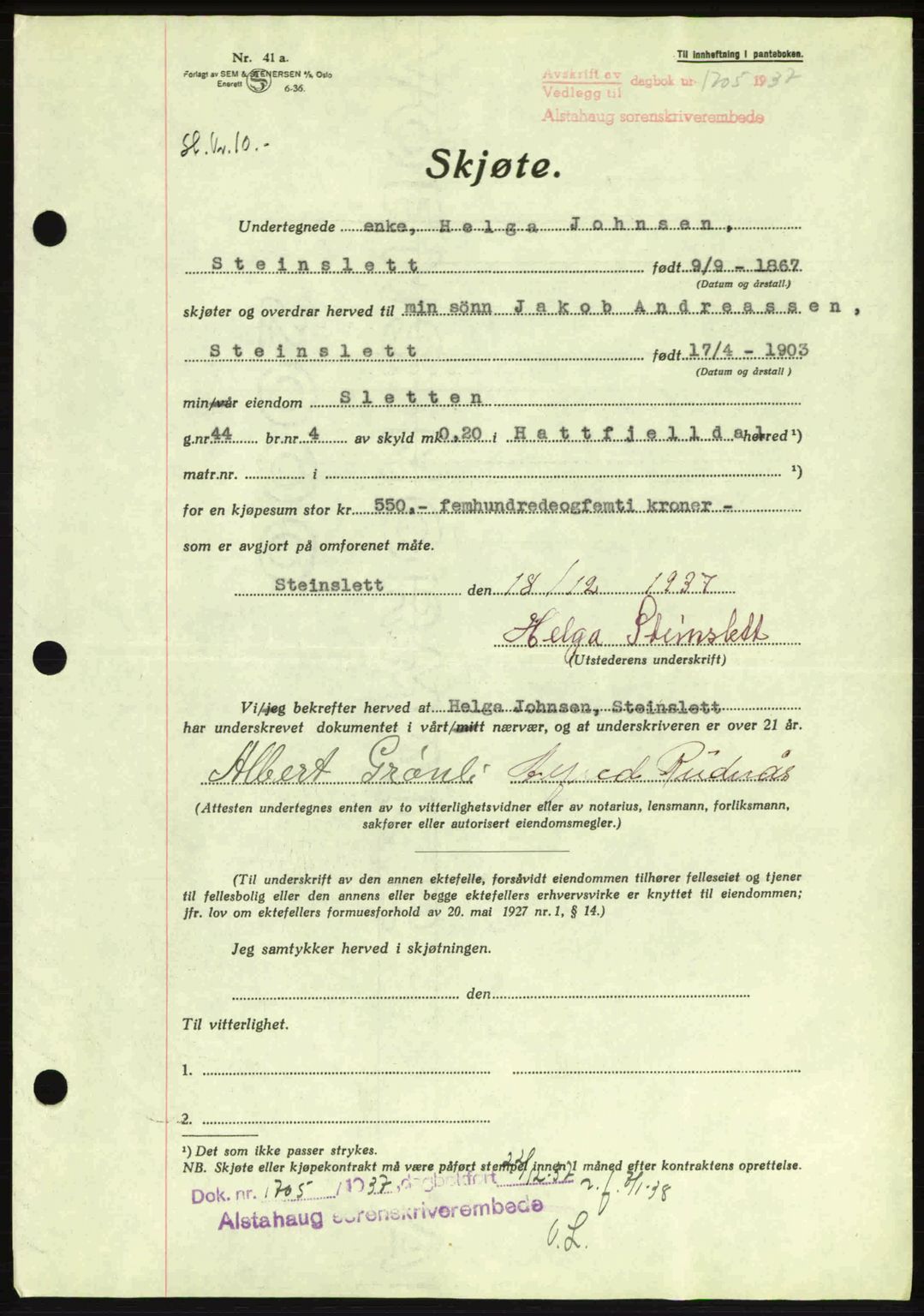 Alstahaug sorenskriveri, SAT/A-1009: Pantebok nr. A3, 1937-1938, Dagboknr: 1705/1937