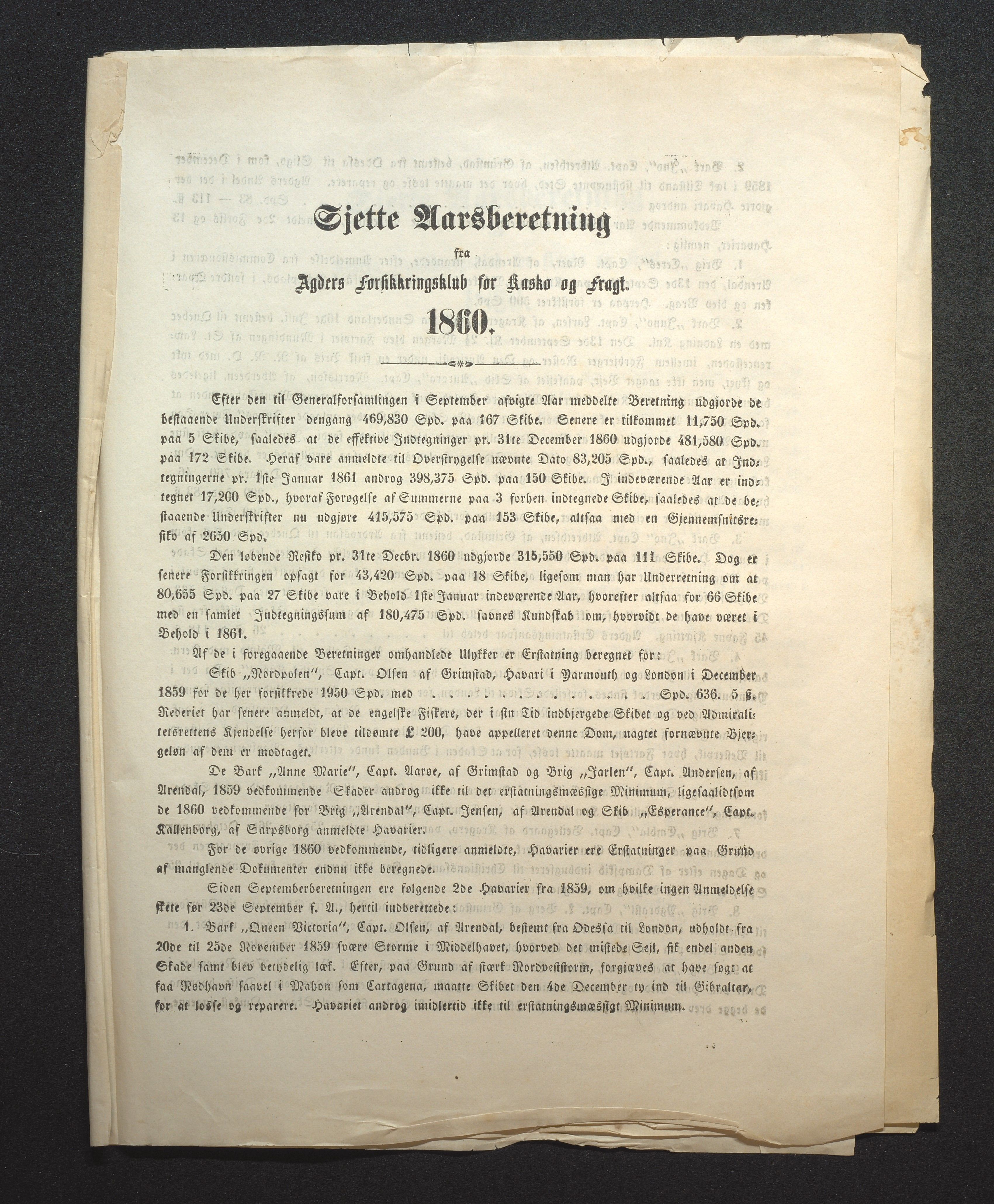 Agders Gjensidige Assuranceforening, AAKS/PA-1718/05/L0001: Regnskap, seilavdeling, pakkesak, 1855-1880