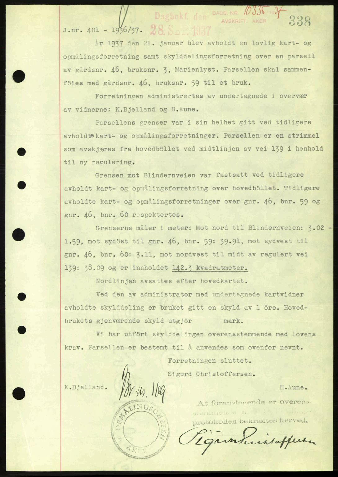 Aker herredsskriveri, SAO/A-10896/G/Gb/Gba/Gbab/L0017: Pantebok nr. A148, 1937-1937, Dagboknr: 10335/1937