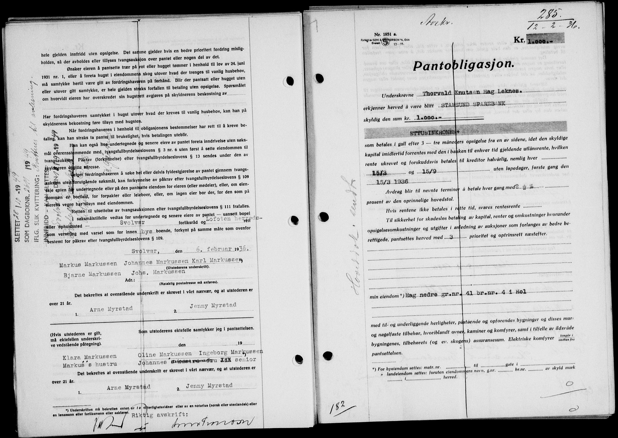Lofoten sorenskriveri, SAT/A-0017/1/2/2C/L0033b: Pantebok nr. 33b, 1936-1936, Dagboknr: 285/1936
