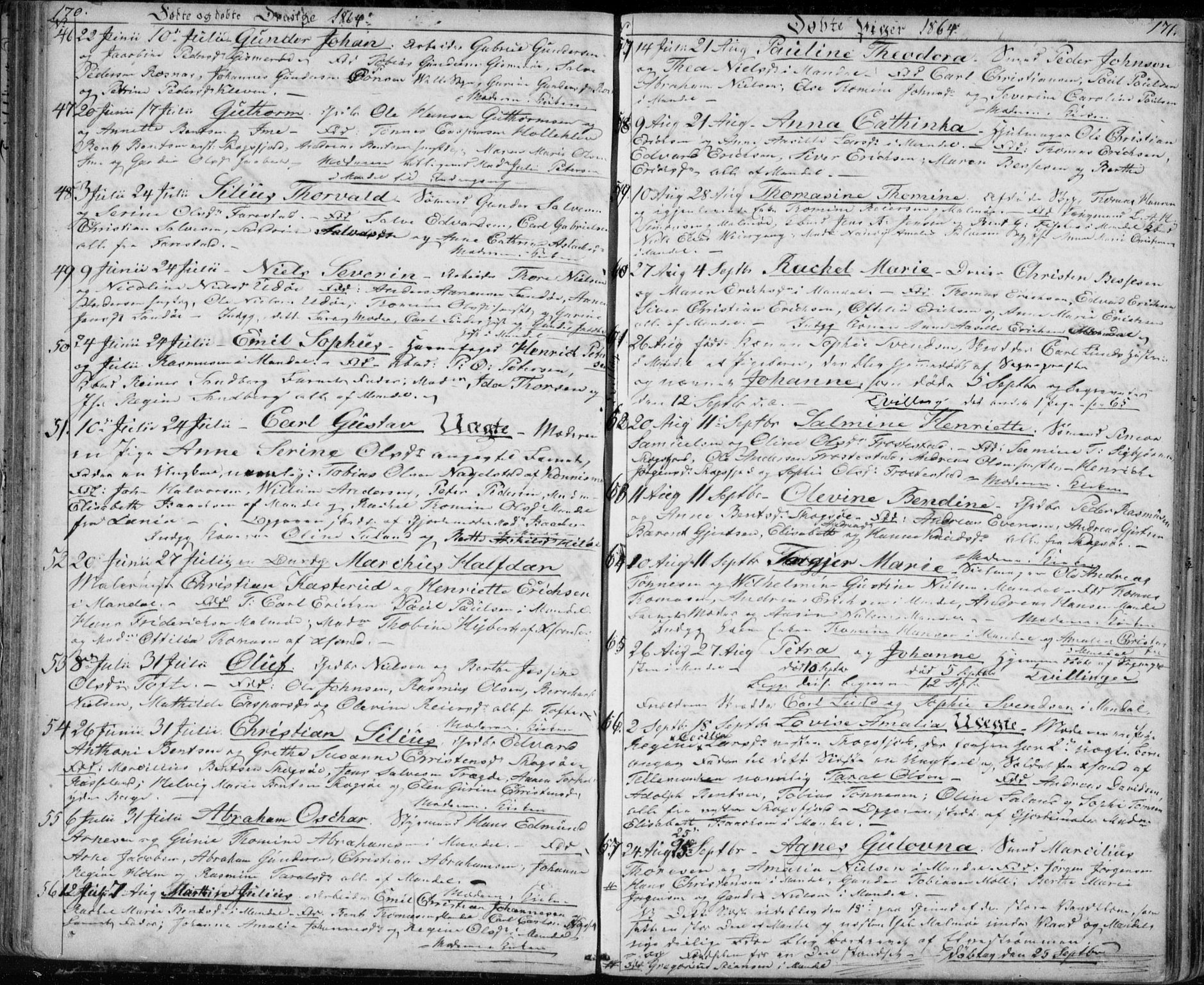 Mandal sokneprestkontor, AV/SAK-1111-0030/F/Fb/Fba/L0008: Klokkerbok nr. B 2, 1854-1868, s. 170-171