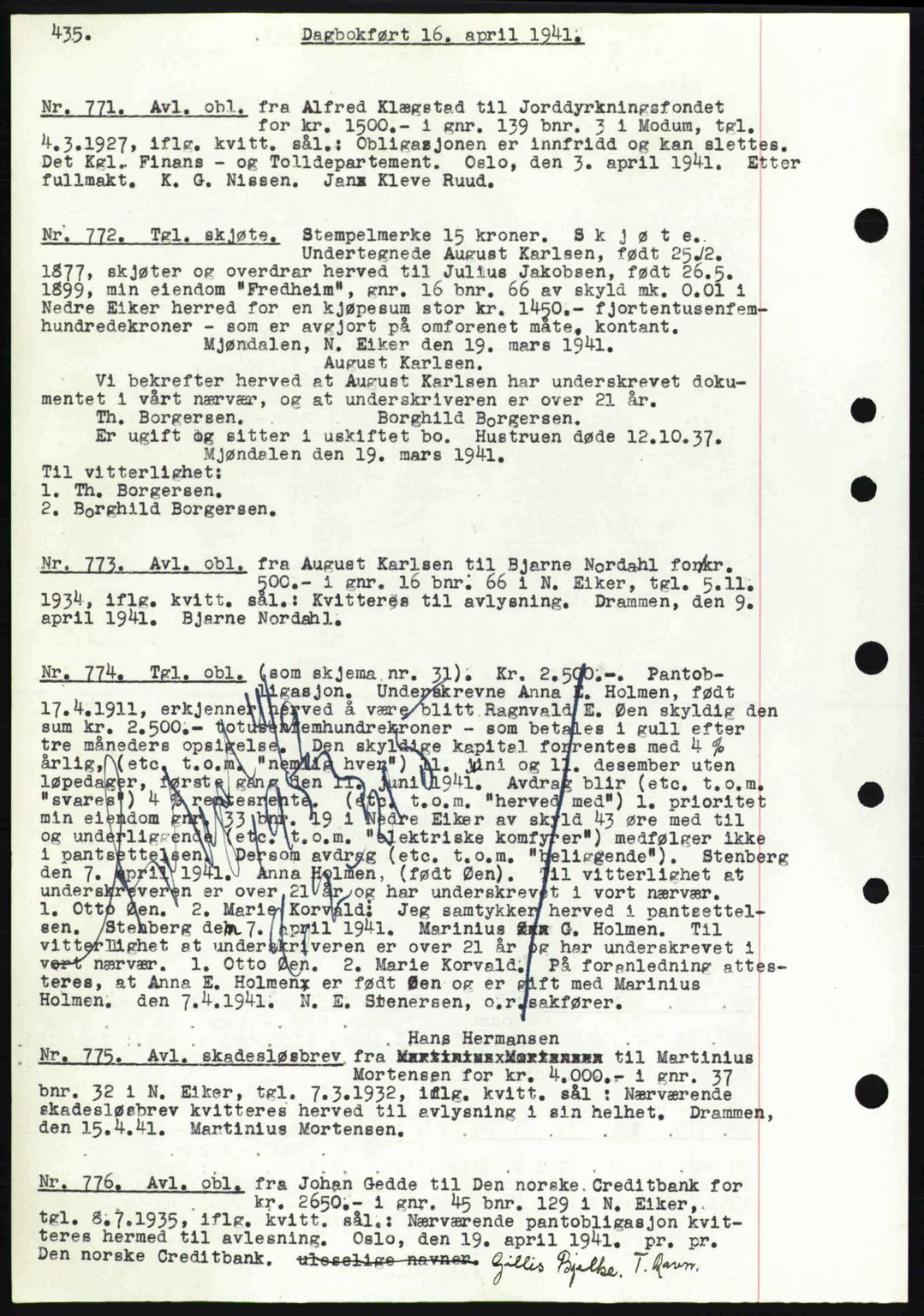 Eiker, Modum og Sigdal sorenskriveri, SAKO/A-123/G/Ga/Gab/L0043: Pantebok nr. A13, 1940-1941, Dagboknr: 771/1941