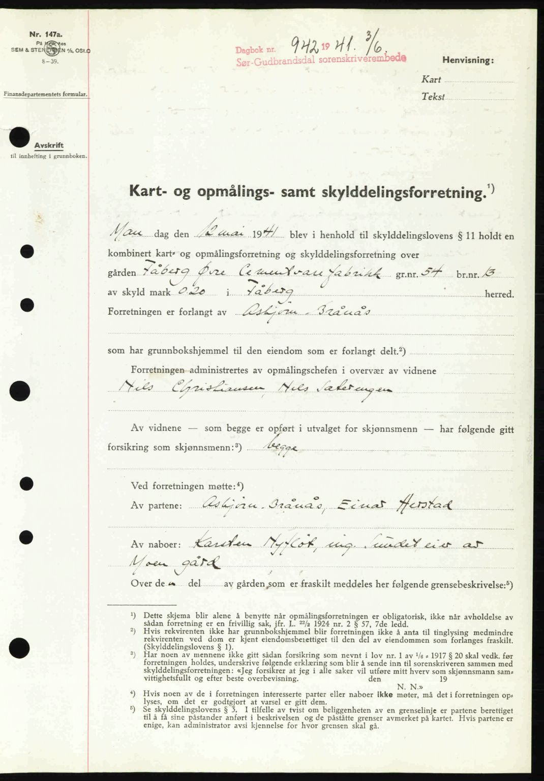 Sør-Gudbrandsdal tingrett, SAH/TING-004/H/Hb/Hbd/L0009: Pantebok nr. A9, 1941-1941, Dagboknr: 942/1941